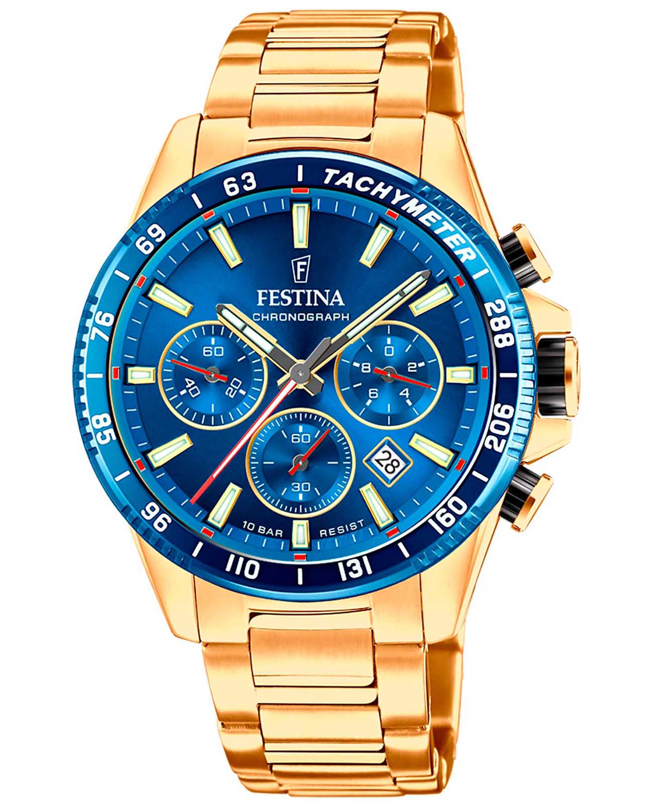 Festina Festina Timeless Chrono F20634/3  F20634/3 кварцевые мужские часы синий циферблат, браслет сталь c pvd покрытием — вид спереди