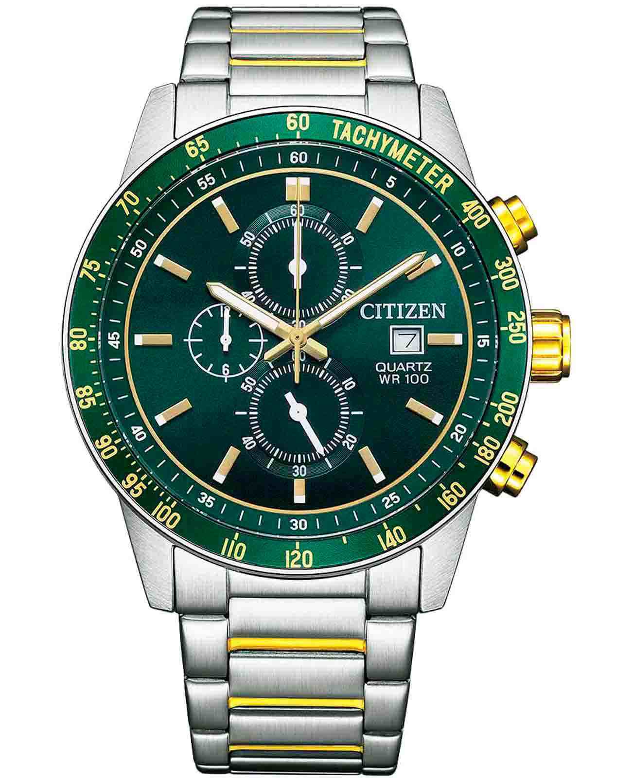 Citizen Citizen Chronograph AN3689-55X  AN3689-55X кварцевые мужские часы зеленый циферблат, браслет нержавеющая сталь с ip-покрытием — вид спереди