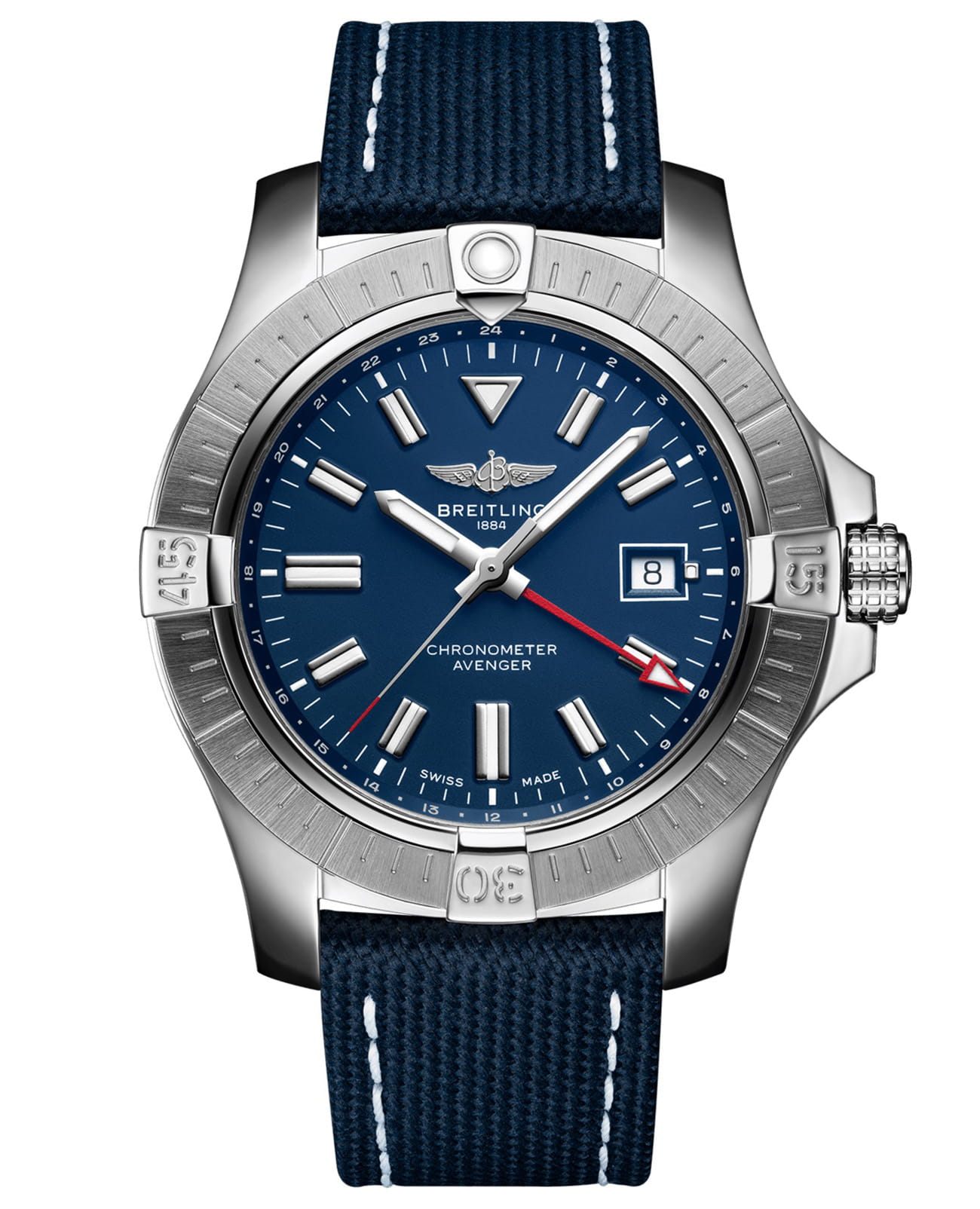 Breitling Breitling Avenger Automatic GMT 45 A32395101C1X1  A32395101C1X1 механические мужские часы синий циферблат, браслет кожа + текстиль — вид спереди