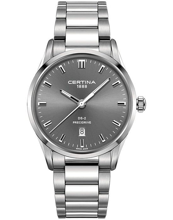 Certina Certina DS-2 C024.410.11.081.20 DS 2 C0244101108120 кварцевые мужские часы серый циферблат, браслет нержавеющая сталь + золото 18к — вид спереди
