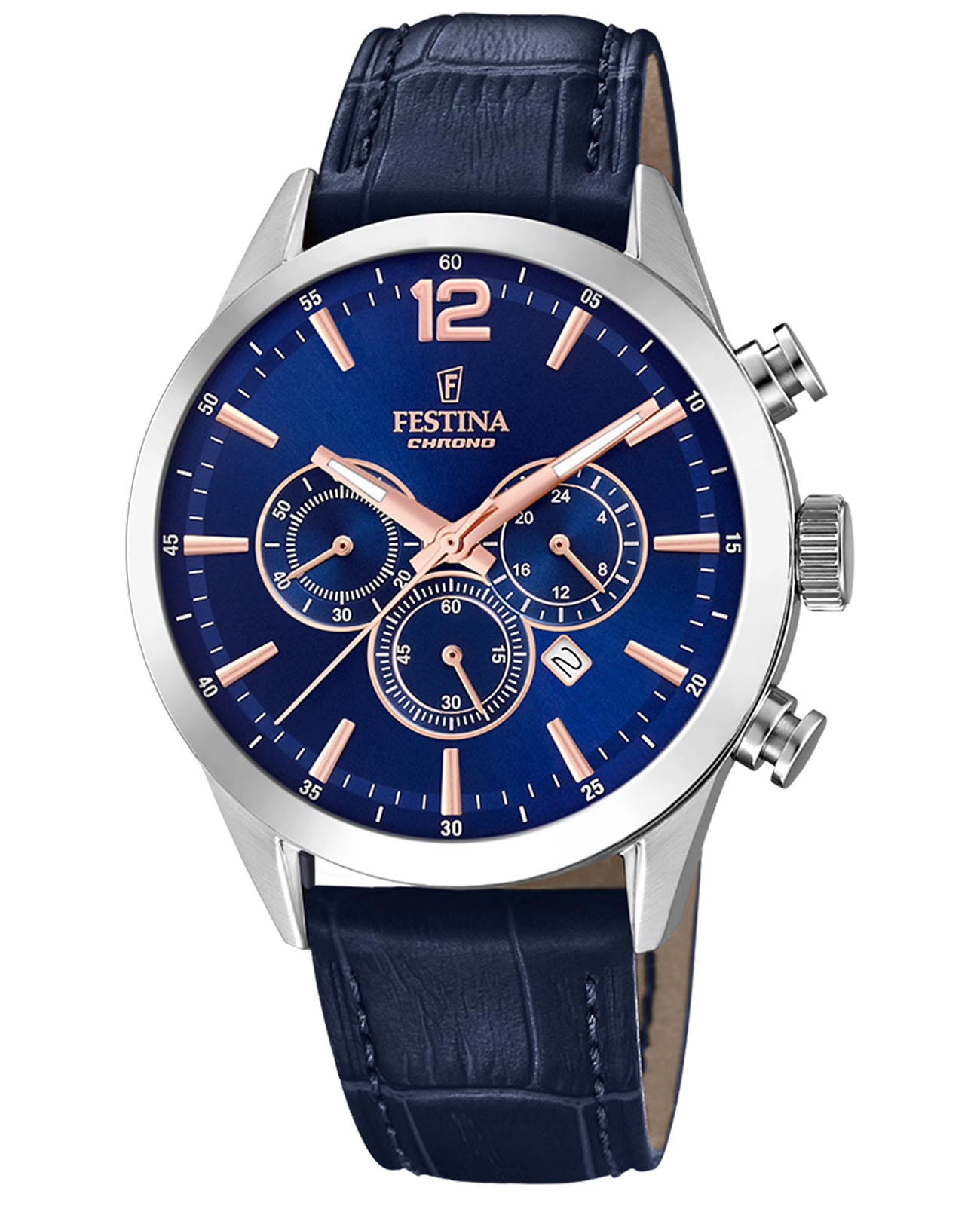 Festina Festina Timeless Chrono F20542/4  F20542/4 кварцевые мужские часы синий циферблат, браслет кожаный — вид спереди