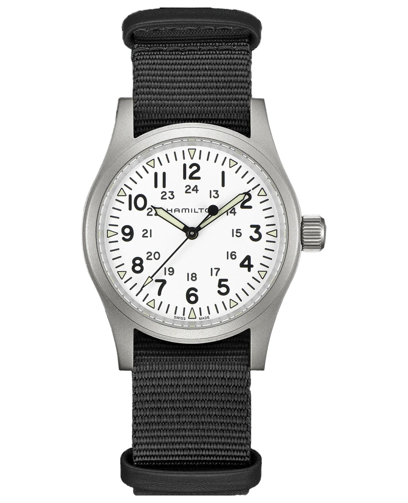 Hamilton Hamilton Khaki Field Mechanical H69439910  H69439910 механические мужские часы белый циферблат, браслет тканевый — вид спереди