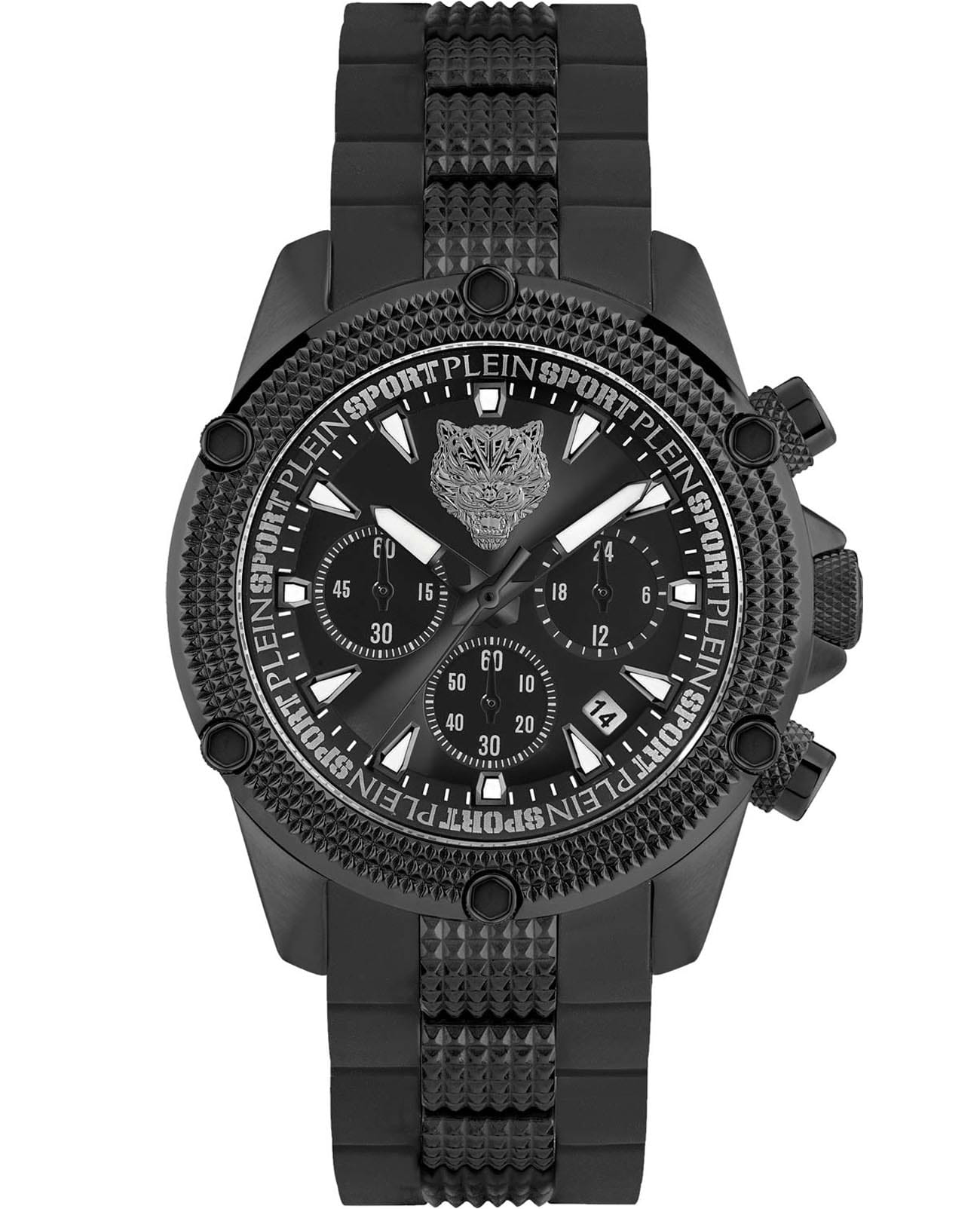 Plein Sport Plein Sport Hurricane PSDBA1023  PSDBA1023 кварцевые мужские часы черный циферблат, браслет сталь с ip покрытием + силикон — вид спереди