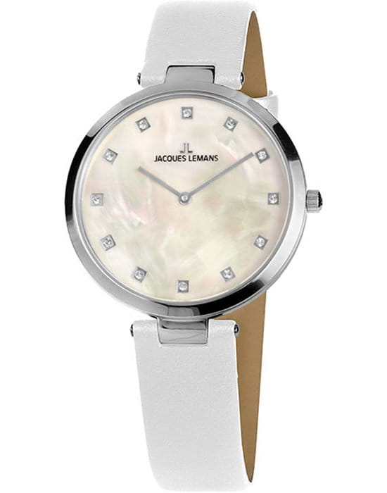 Jacques Lemans Jacques Lemans 1-2001F  1-2001F кварцевые женские часы белый циферблат, браслет кожаный — вид спереди
