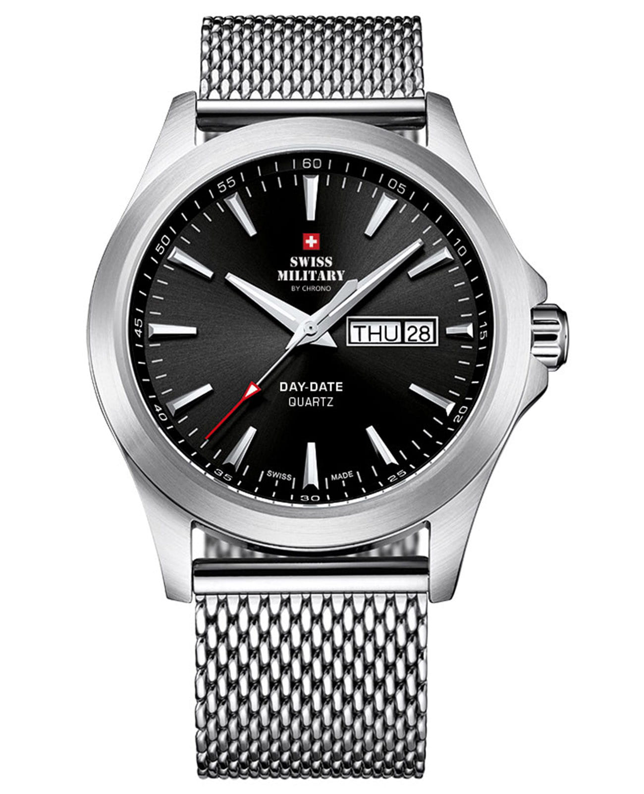 Swiss Military by Chrono Swiss Military by Chrono Day Date SMP36040.01  SMP36040.01 кварцевые мужские часы черный циферблат, браслет нержавеющая сталь — вид спереди