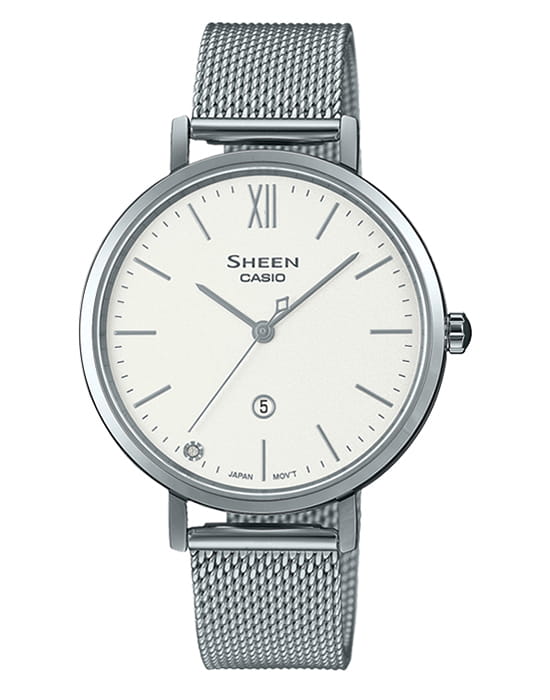Casio Casio Sheen SHE-4539M-7AEF  SHE-4539M-7A кварцевые женские часы белый циферблат, браслет сталь с ip покрытием — вид спереди