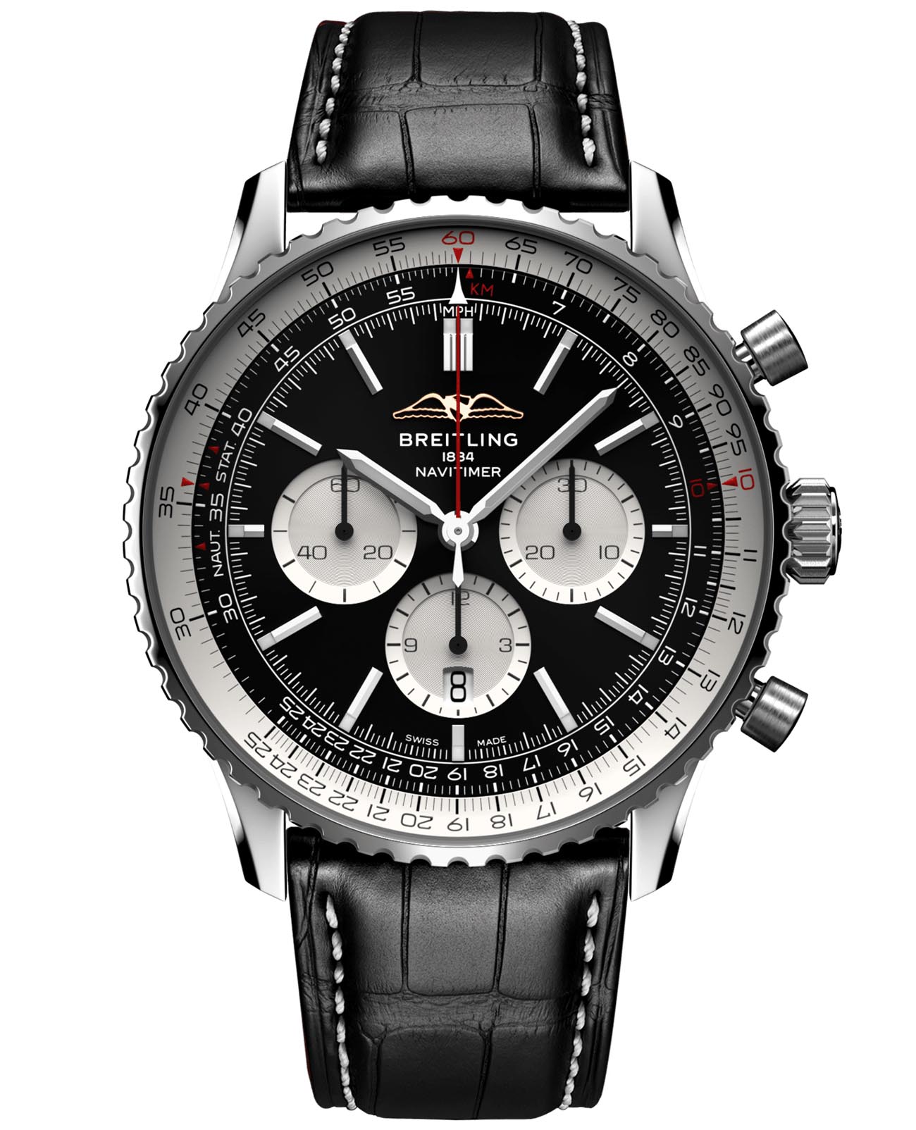 Breitling Breitling Navitimer B01 Chronograph 46 AB0137211B1P1  AB0137211B1P1 механические мужские часы черный циферблат, браслет кожаный — вид спереди
