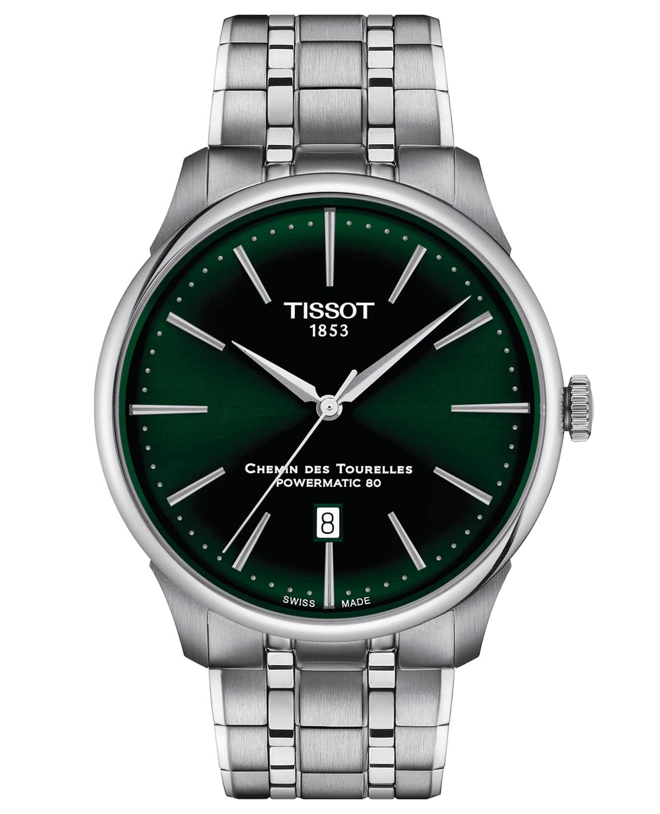 Tissot Tissot Chemin des Tourelles Powermatic 80 T139.407.11.091.00 Chemin des Tourelles T1394071109100 механические мужские часы зеленый циферблат, браслет кожаный — вид спереди