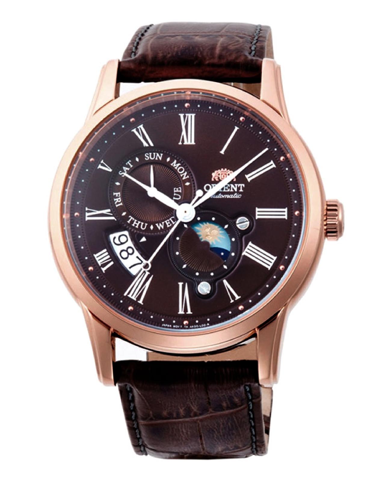 Orient Orient Sun & Moon RA-AK0009T (RN-AK0009T)  RA-AK0009T механические мужские часы коричневый циферблат, браслет кожаный — вид спереди
