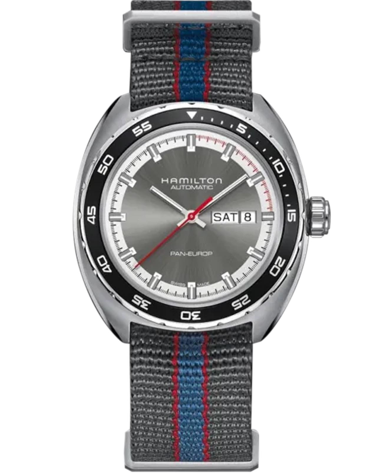 Hamilton Hamilton American Classic Pan Europ Day Date Auto H35415982  H35415982 механические мужские часы серый циферблат, браслет тканевый — вид спереди