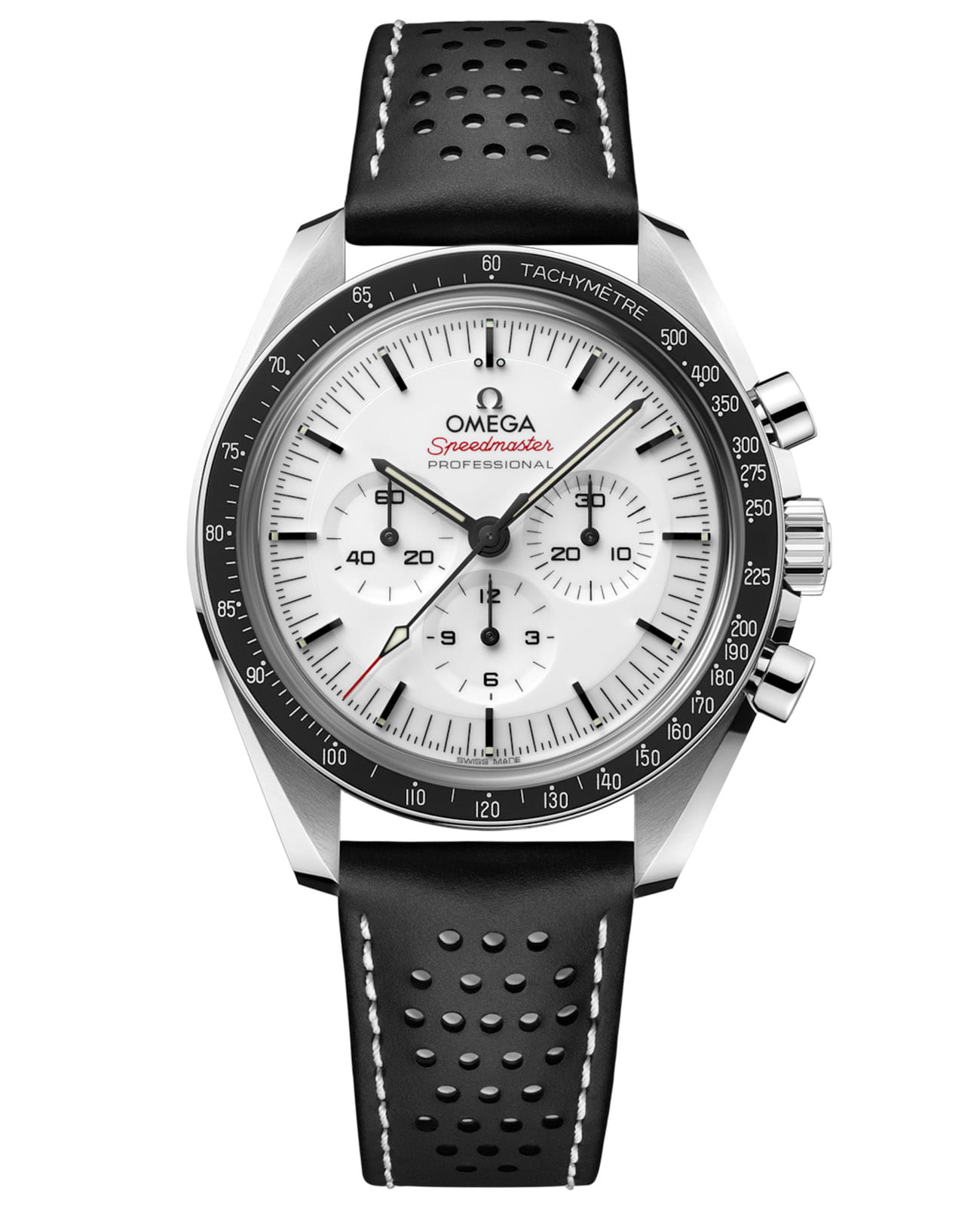 Omega Omega Speedmaster Moonwatch Professional 310.32.42.50.04.002  Moonwatch Professional 31032425004002 механические мужские часы белый циферблат, браслет кожаный — вид спереди