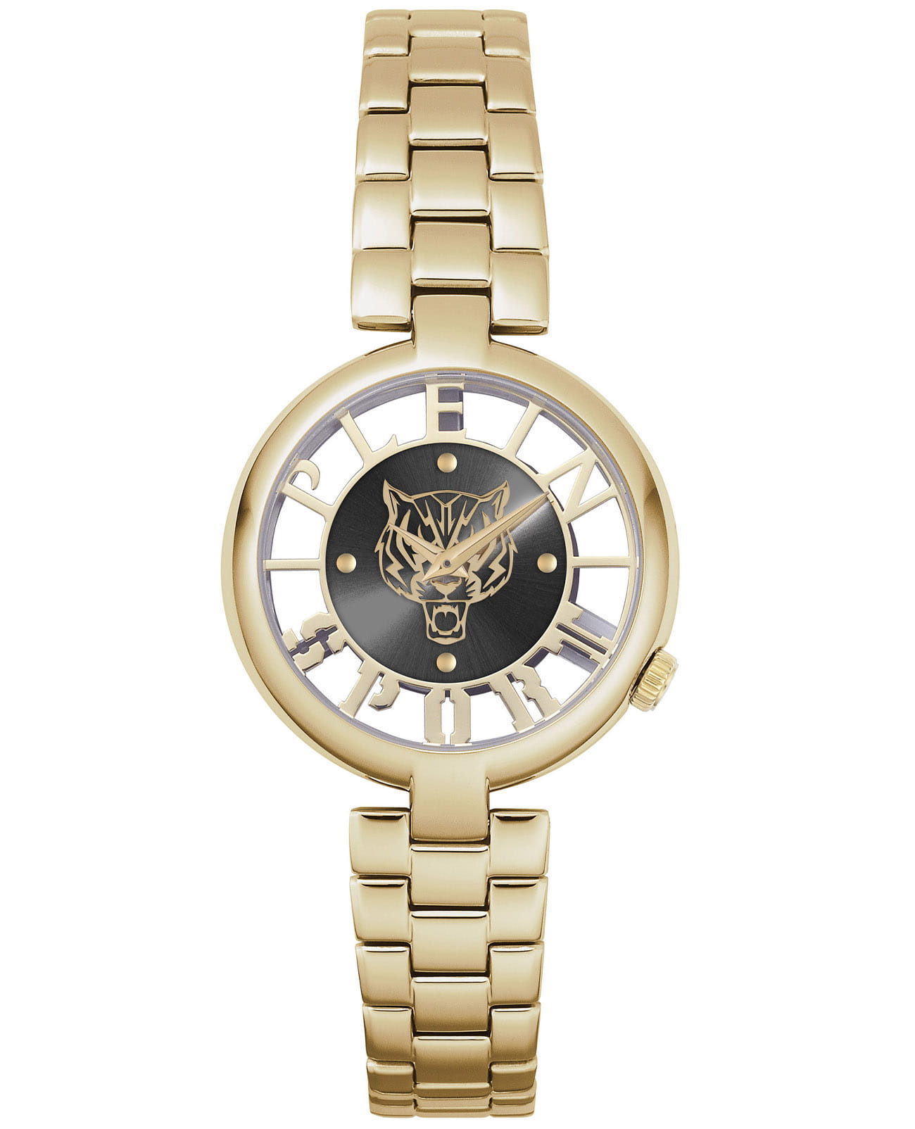 Plein Sport Plein Sport Tiger Luxe PSMBA0223  PSMBA0223 кварцевые женские часы золотой циферблат, браслет сталь с ip покрытием — вид спереди
