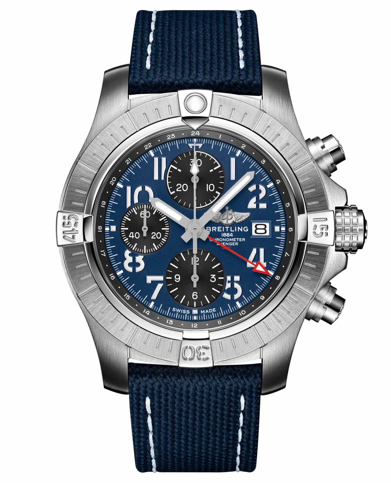 Breitling Breitling Avenger Chronograph GMT 45 A24315101C1X2  A24315101C1X2 механические мужские часы синий циферблат, браслет кожаный — вид спереди