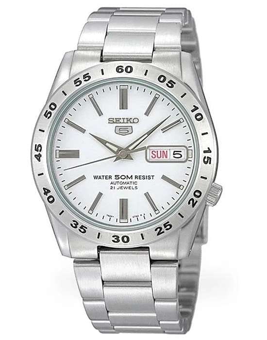 Seiko Seiko Seiko 5 SNKD97J1  SNKD97J1 механические мужские часы белый циферблат, браслет нержавеющая сталь — вид спереди