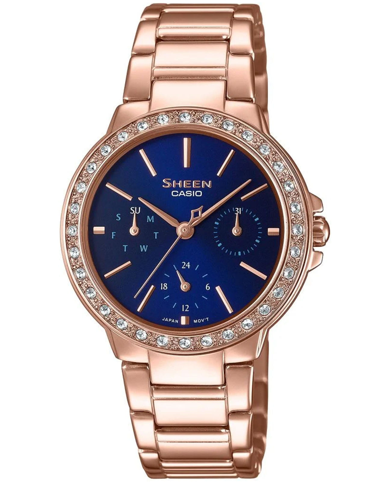 Casio Casio Sheen SHE-3069PG-2AUDF  SHE-3069PG-2AUDF кварцевые женские часы синий циферблат, браслет сталь с ip покрытием — вид спереди
