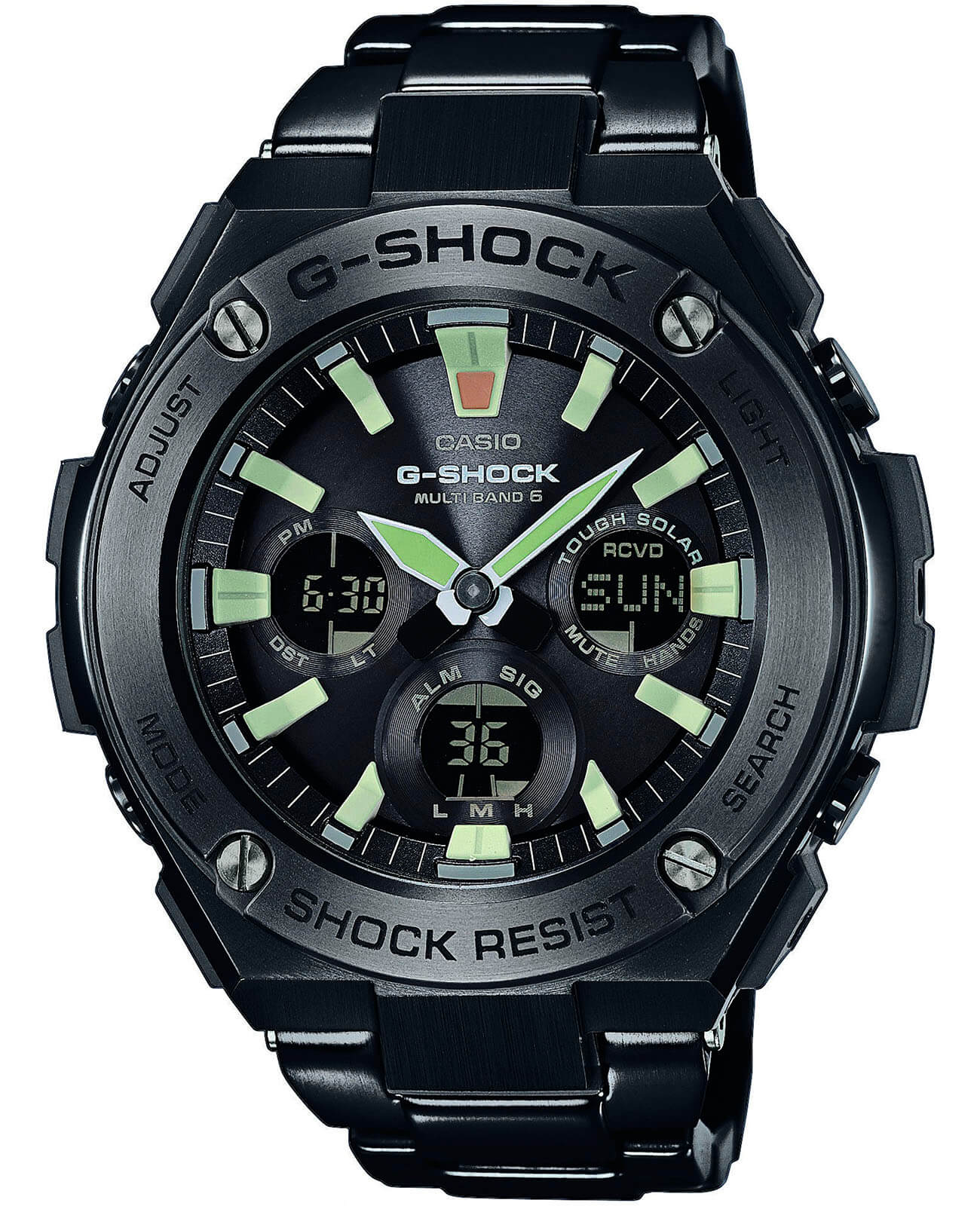 Casio Casio G-Shock GST-W130BD-1A GST G-Steel GST-W130BD-1A электронные мужские часы черный циферблат, браслет нержавеющая сталь — вид спереди