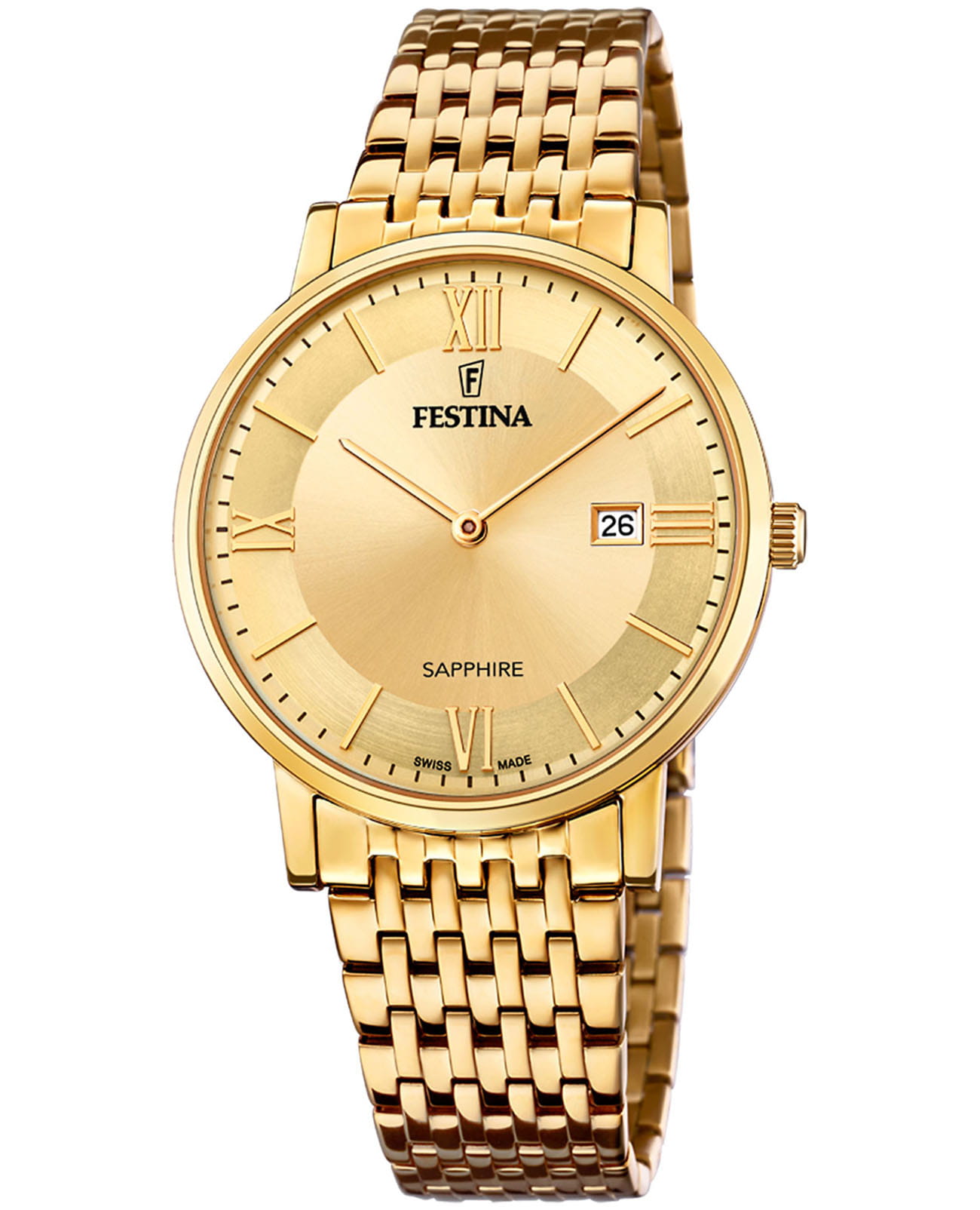 Festina Festina Classics F20020/2  F20020/2 кварцевые мужские часы золотой циферблат, браслет нержавеющая сталь с pvd-покрытием — вид спереди
