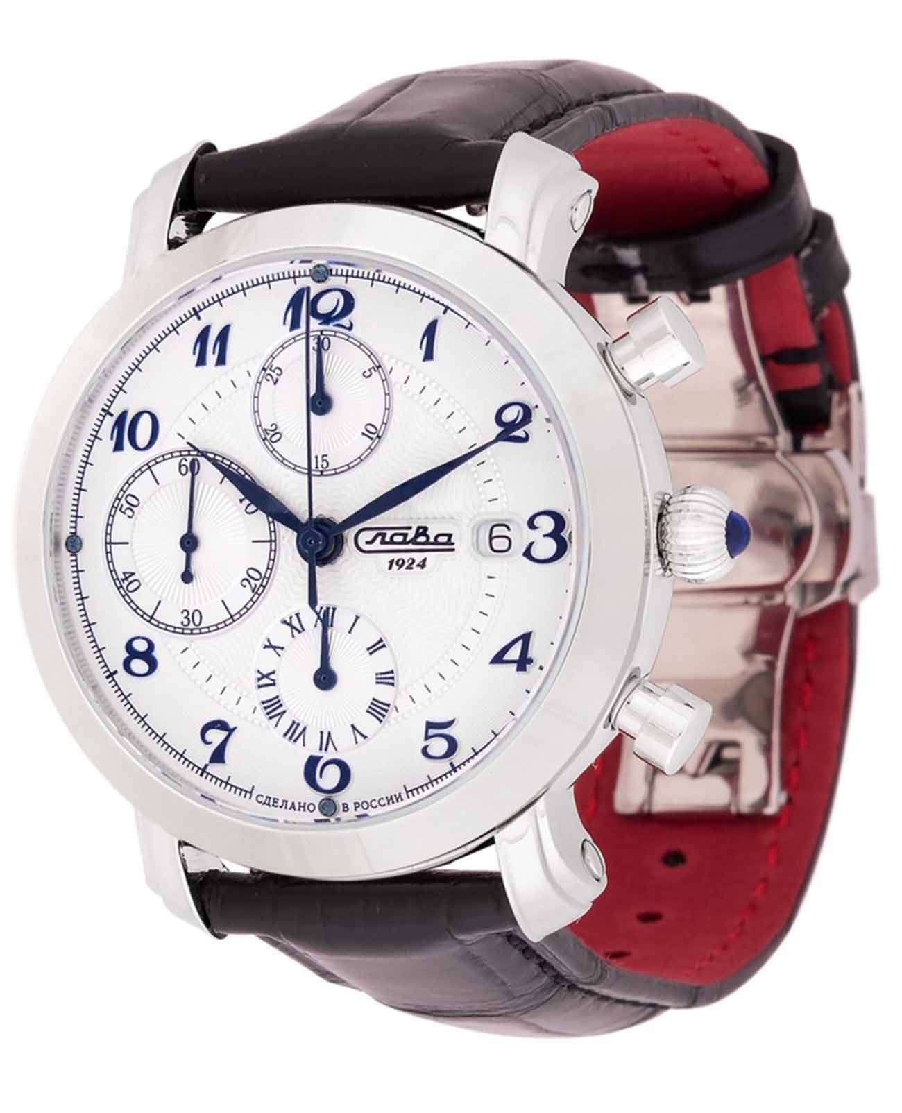 Слава Слава Слава России 2450618/300-7750  2450618/300-7750 механические мужские часы серебристый циферблат, браслет кожаный — вид спереди