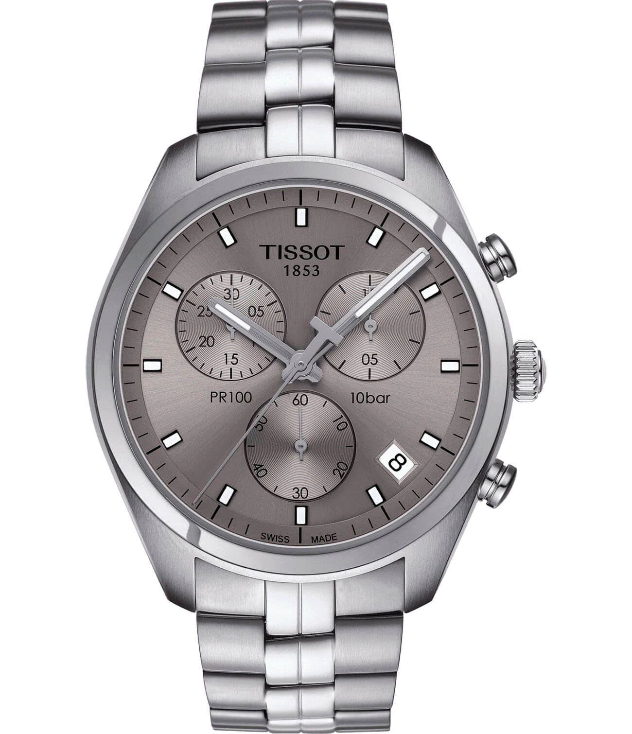 Tissot Tissot PR 100 Сhronograph T101.417.11.071.00 PR 100 T1014171107100 кварцевые мужские часы серый циферблат, браслет нержавеющая сталь — вид спереди