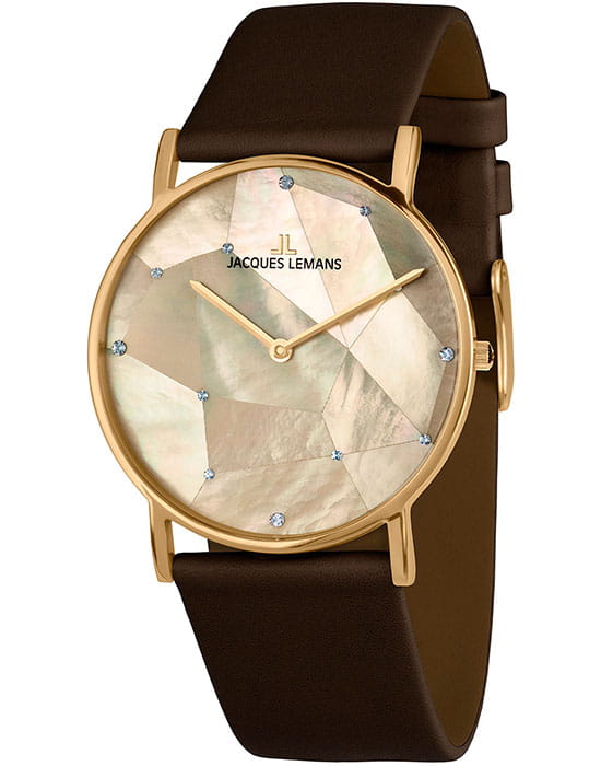 Jacques Lemans Jacques Lemans Classic 1-2050E  1-2050E кварцевые женские часы шампань циферблат, браслет кожаный — вид спереди