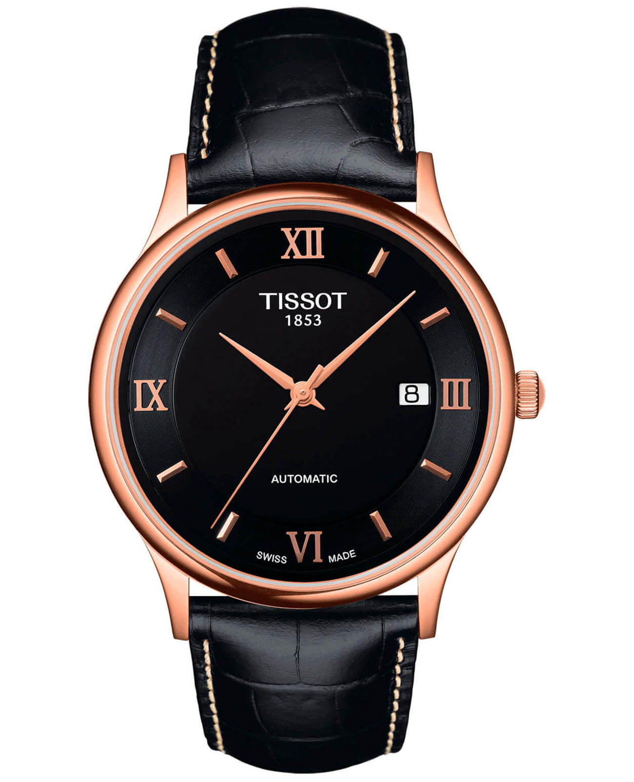 Tissot Tissot Rose Dream 18K Gold T914.407.76.058.00  T9144077605800 механические мужские часы черный циферблат, браслет кожаный — вид спереди