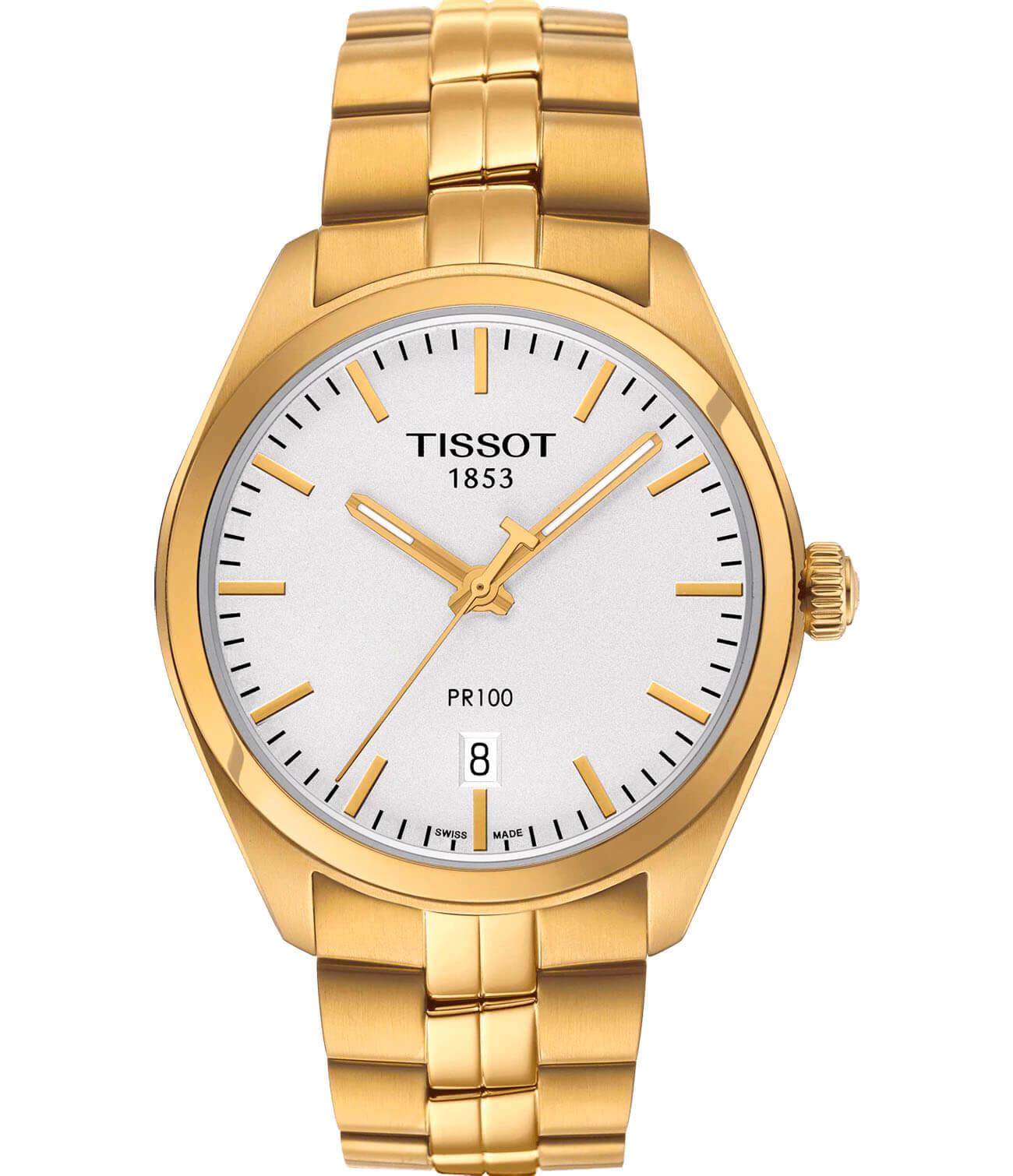 Tissot Tissot PR 100 T101.410.33.031.00 PR 100 T1014103303100 кварцевые мужские часы белый циферблат, браслет сталь c pvd покрытием — вид спереди