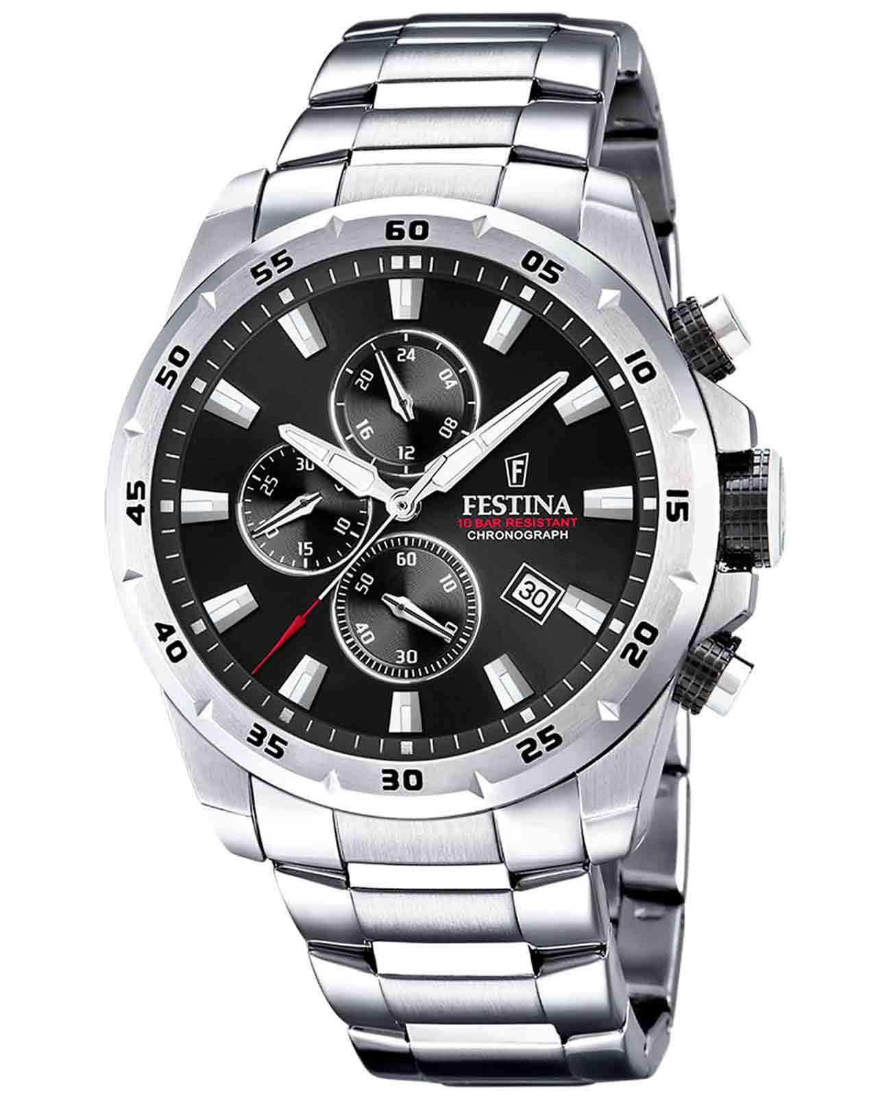 Festina Festina Chrono Sport F20463/4  F20463/4 кварцевые мужские часы черный циферблат, браслет нержавеющая сталь 316l — вид спереди