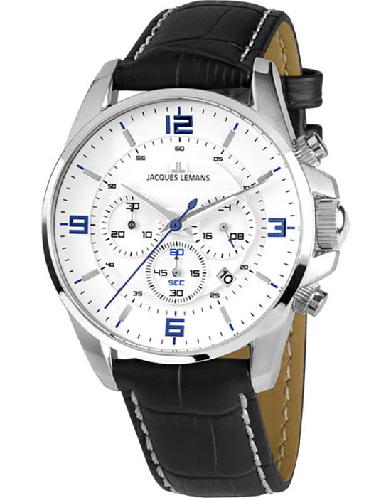 Jacques Lemans Jacques Lemans 1-1857B  1-1857B кварцевые мужские часы белый циферблат, браслет кожаный — вид спереди