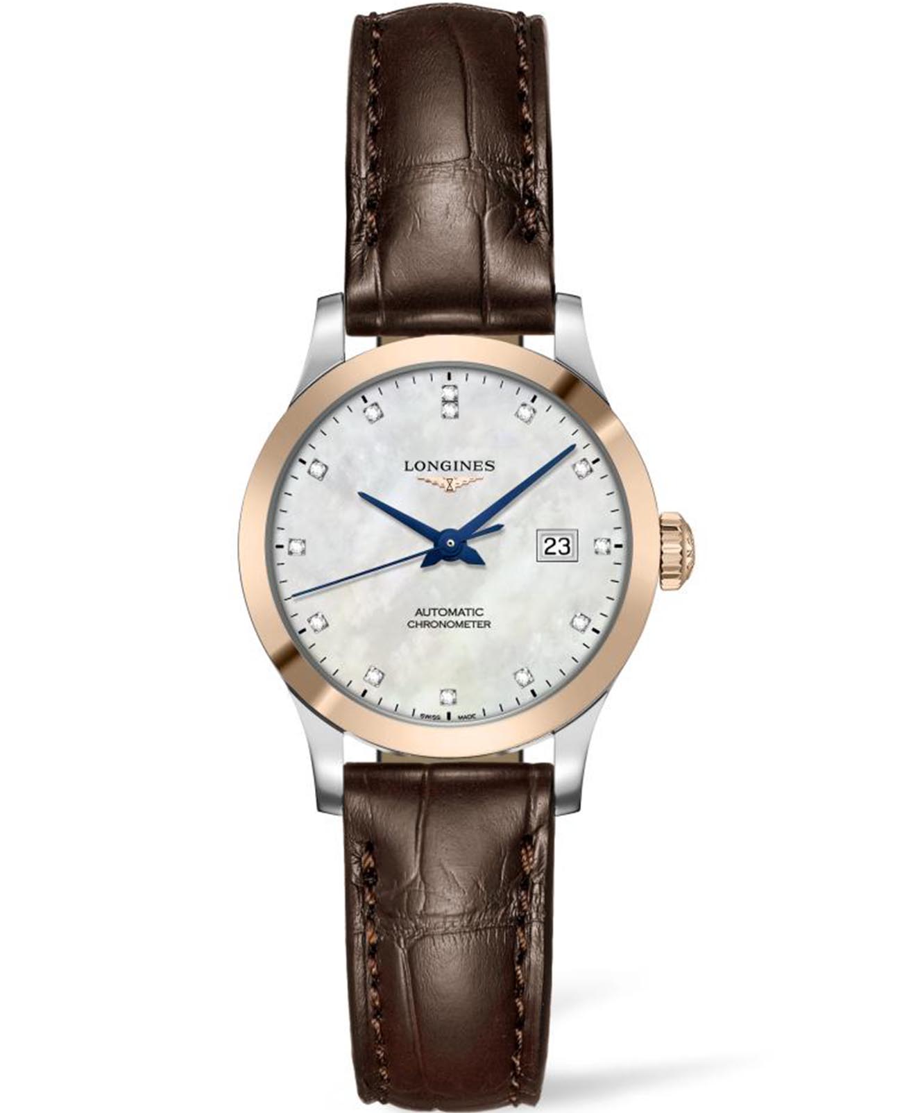 Longines Longines Record Collection L2.321.5.87.2  L23215872 механические женские часы перламутровый циферблат, браслет кожаный — вид спереди