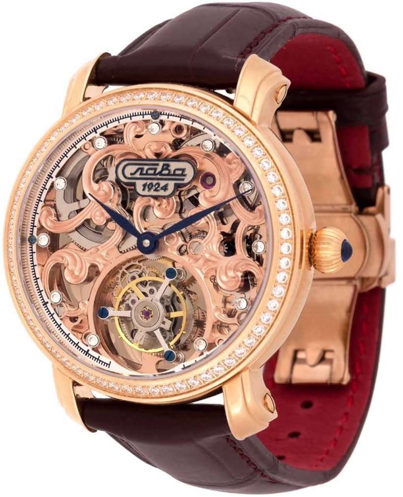 Слава Слава Слава России 7463619/300-3451Р-68  7463619/300-3451Р-68 механические мужские часы золотой циферблат, браслет кожаный — вид спереди