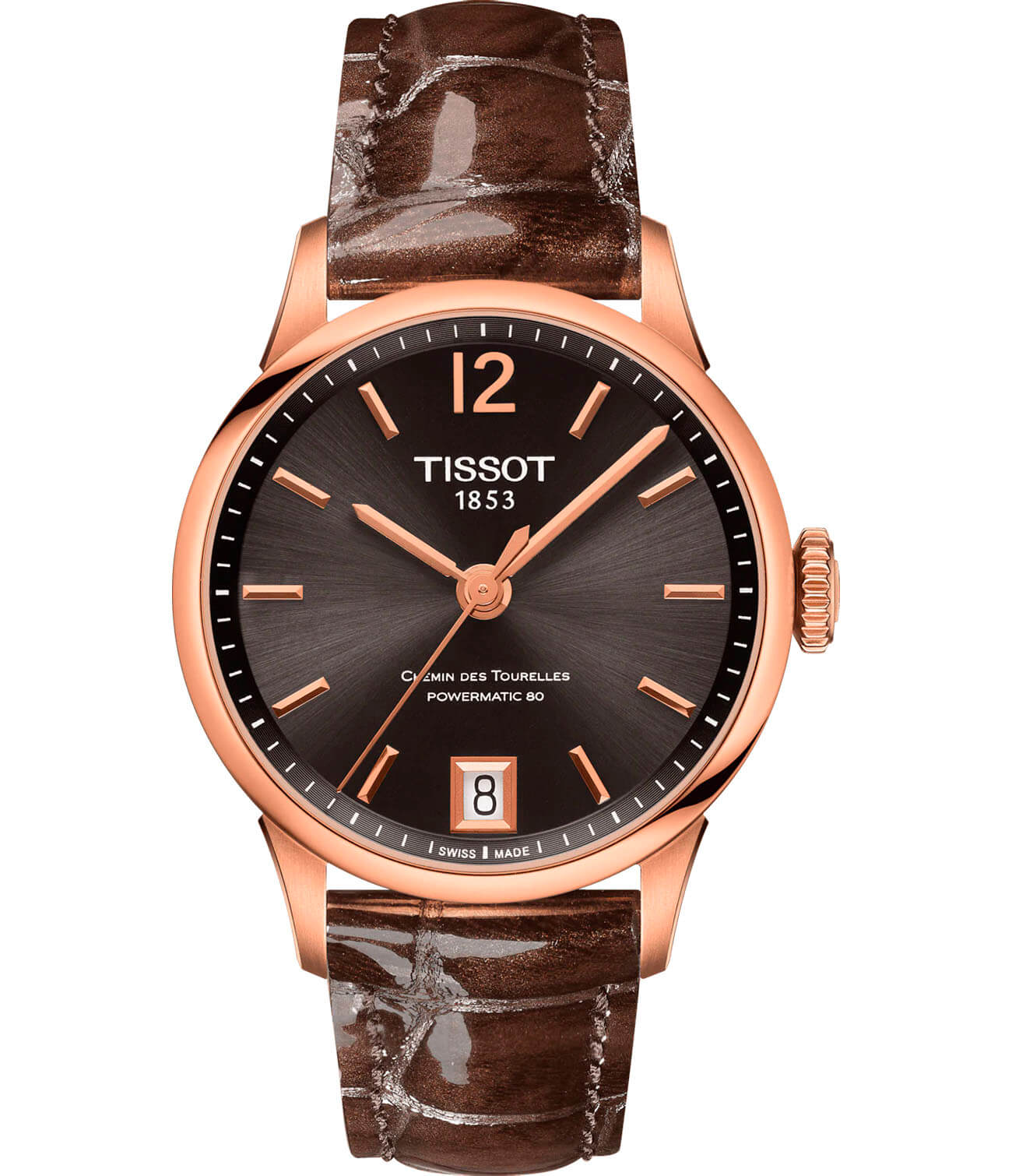 Tissot Tissot Chemin des Tourelles Powermatic 80 Lady T099.207.36.447.00 Chemin des Tourelles T0992073644700 механические женские часы коричневый циферблат, браслет кожаный — вид спереди