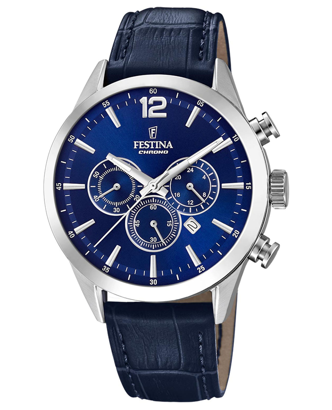 Festina Festina Timeless Chrono F20542/2  F20542/2 кварцевые мужские часы синий циферблат, браслет кожаный — вид спереди