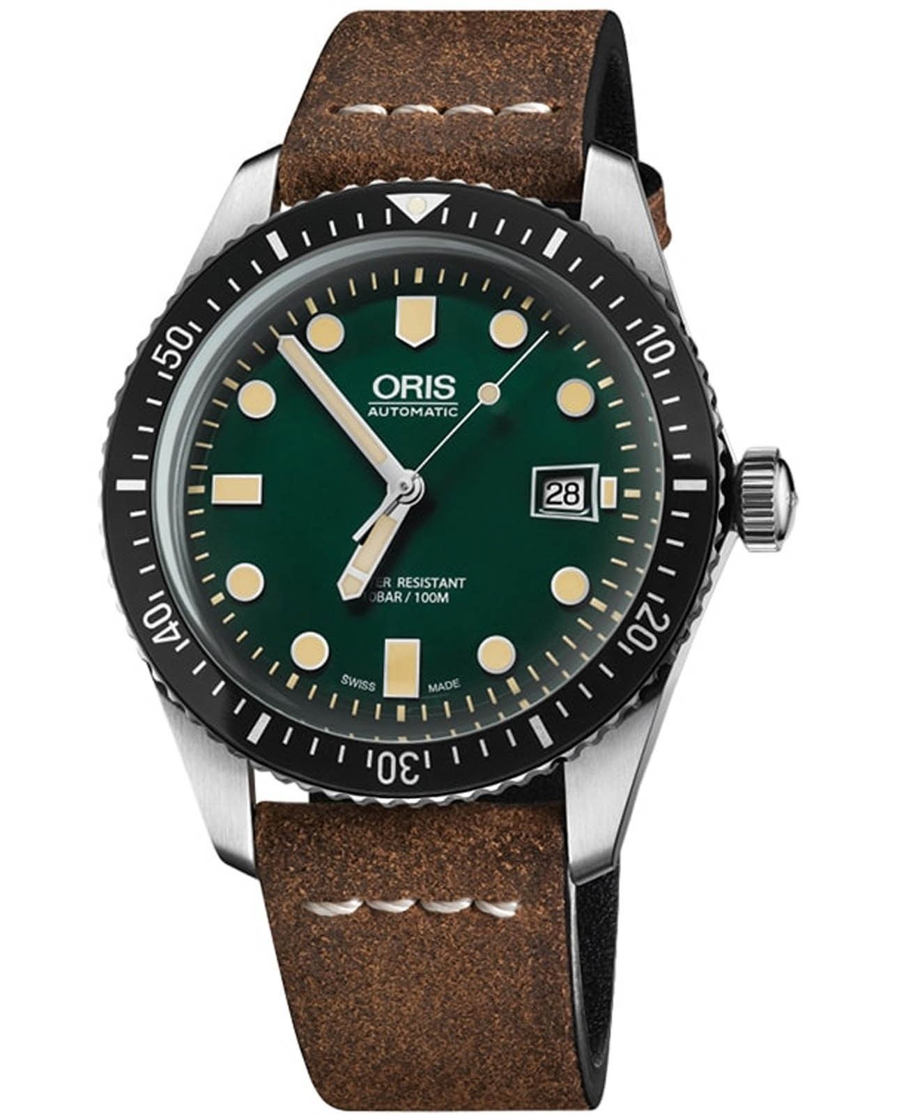 Oris Oris Divers Sixty‑Five 01 733 7720 4057-07 5 21 45  01 733 7720 4057-07 5 21 45 механические мужские часы зеленый циферблат, браслет кожаный — вид спереди