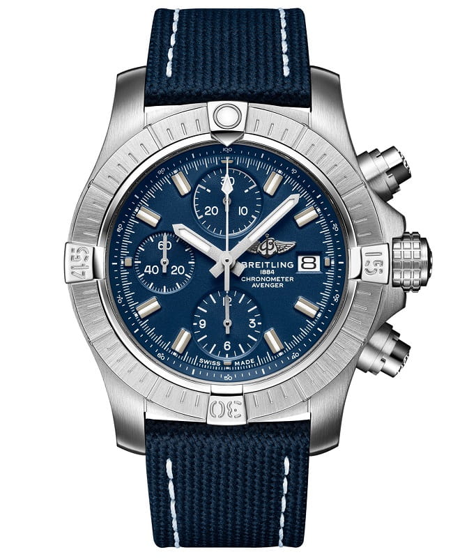 Breitling Breitling Avenger Chronograph 43 A13385101C1X1  A13385101C1X1 механические мужские часы синий циферблат, браслет кожаный — вид спереди