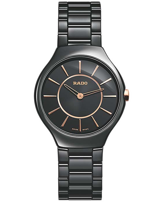 Rado Rado True Thinline R27742152  R27742152 кварцевые женские часы черный циферблат, браслет керамика — вид спереди