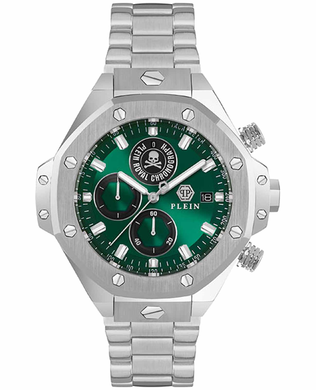 Philipp Plein Philipp Plein Plein Chrono Royal PWLFA0425  PWLFA0425 кварцевые мужские часы зеленый циферблат, браслет нержавеющая сталь — вид спереди