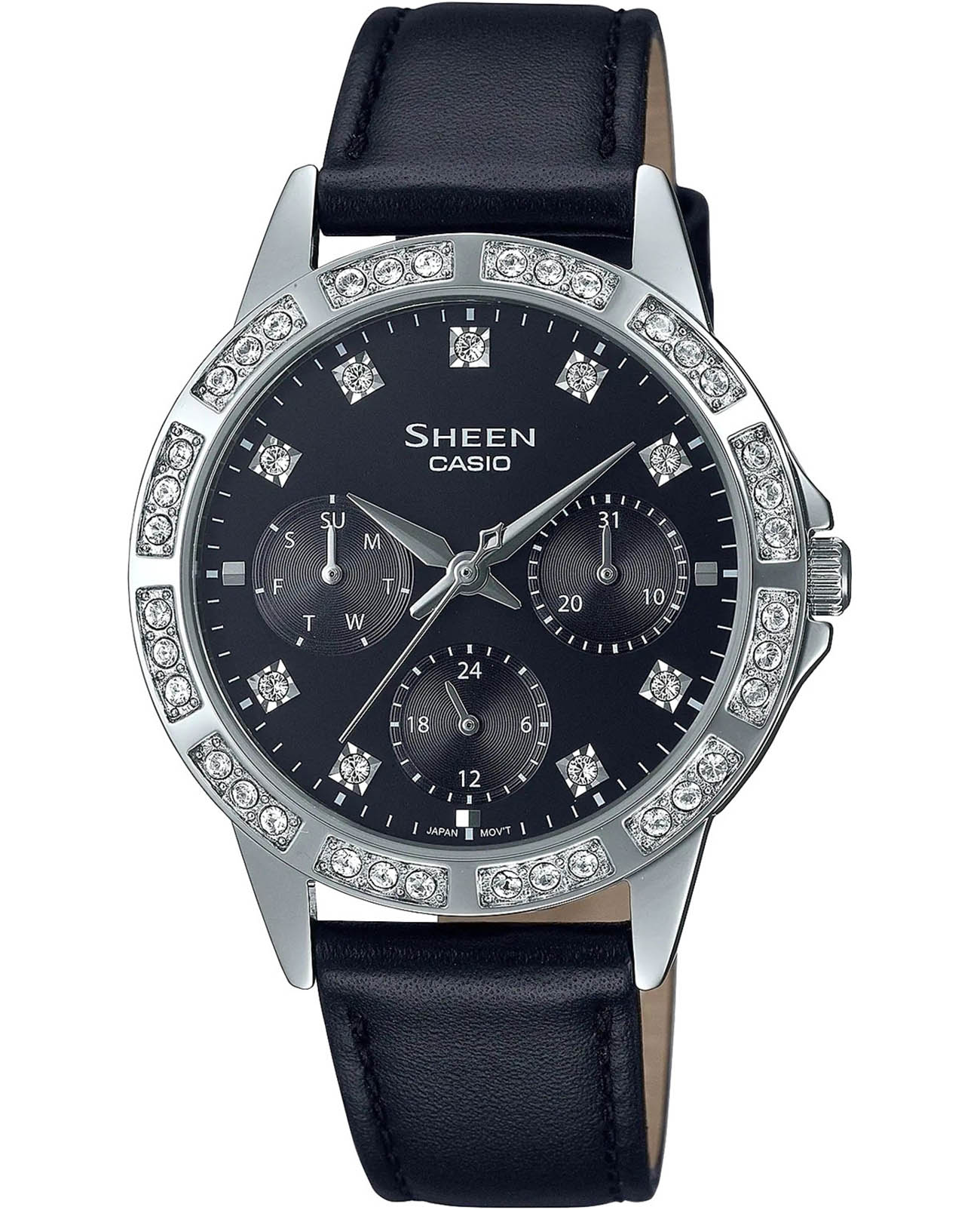 Casio Casio Sheen SHE-3517L-1AUEF  SHE-3517L-1AUEF кварцевые женские часы черный циферблат, браслет кожаный — вид спереди