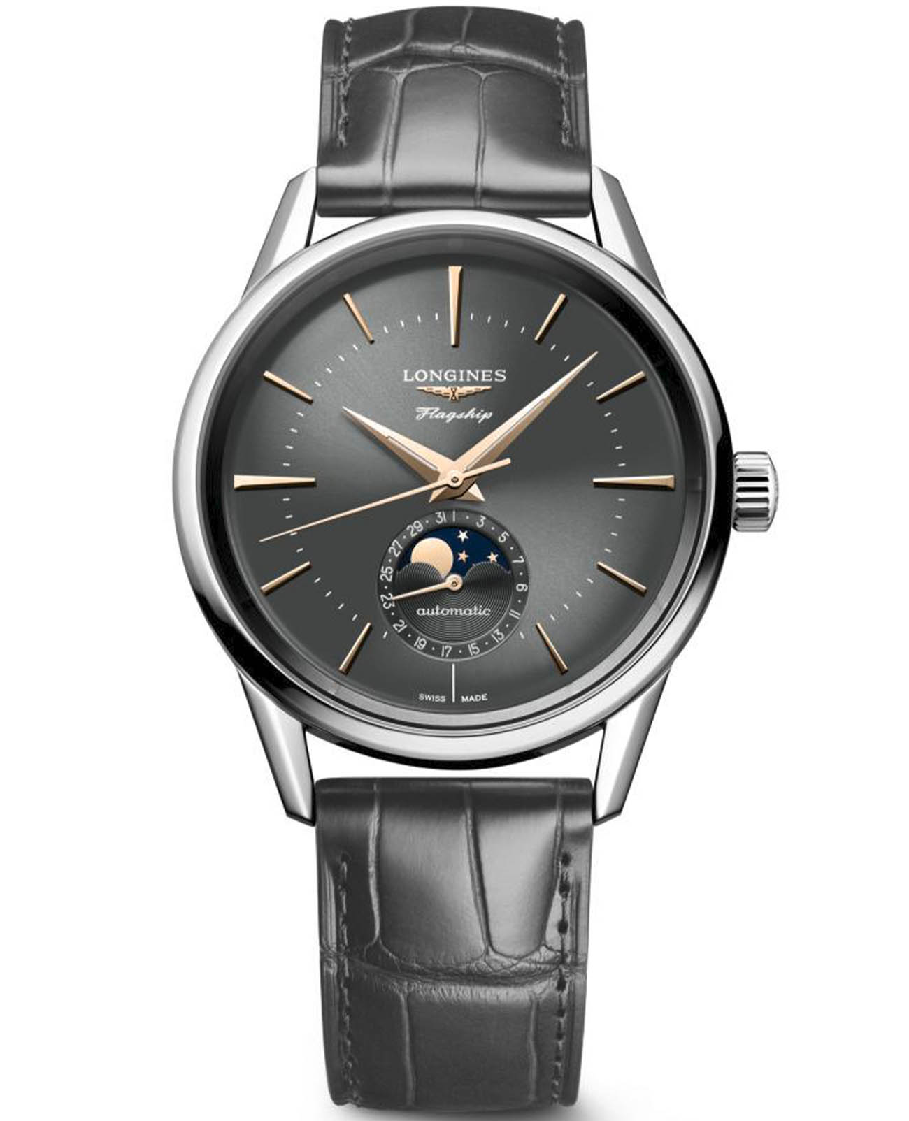 Longines Longines Flagship Heritage L4.815.4.52.2  L48154522 механические мужские часы серый циферблат, браслет кожаный — вид спереди