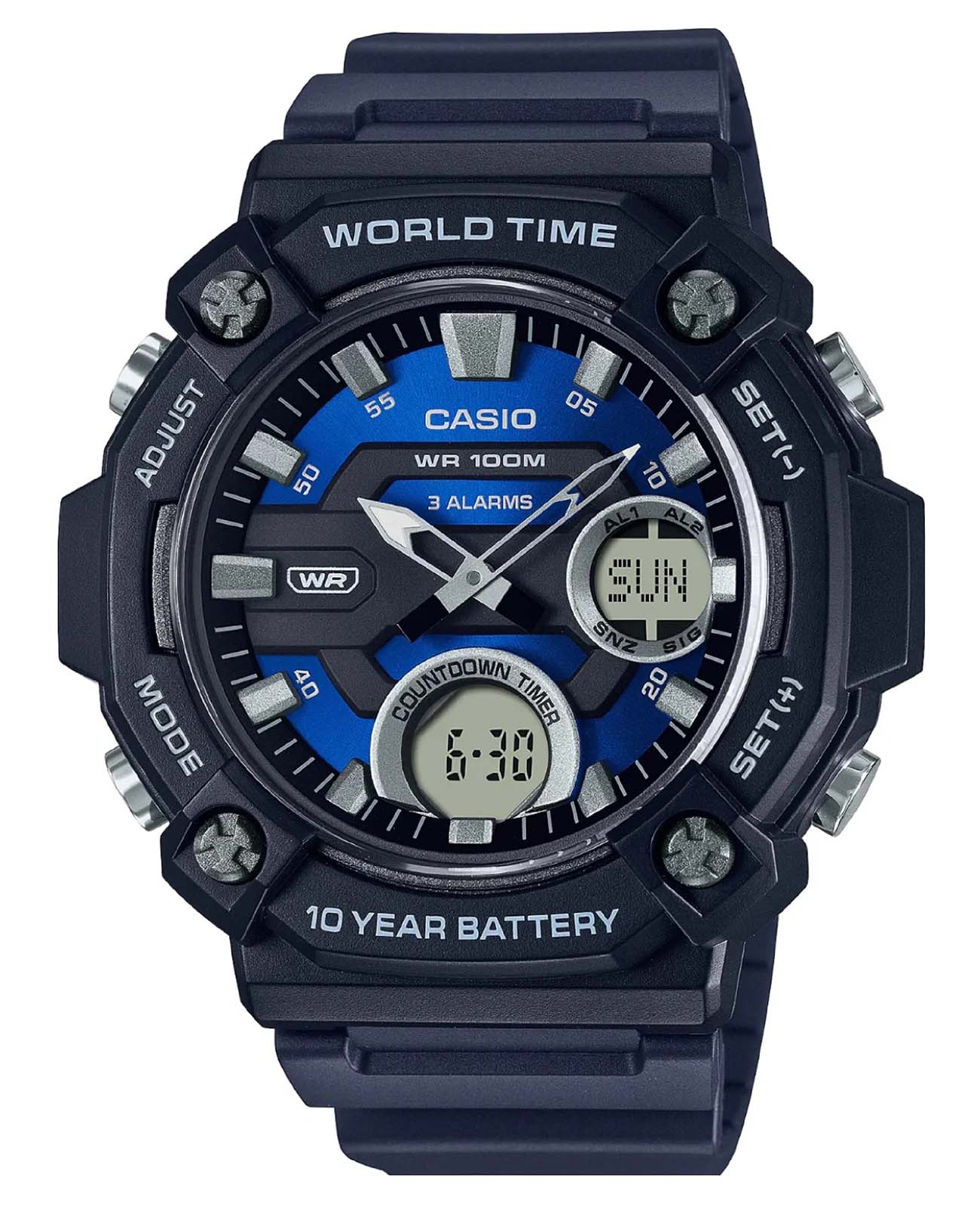 Casio Casio Collection AEQ-120W-2AVDF (AEQ-120W-2A)  AEQ-120W-2A кварцевые мужские часы синий циферблат, браслет пластик — вид спереди