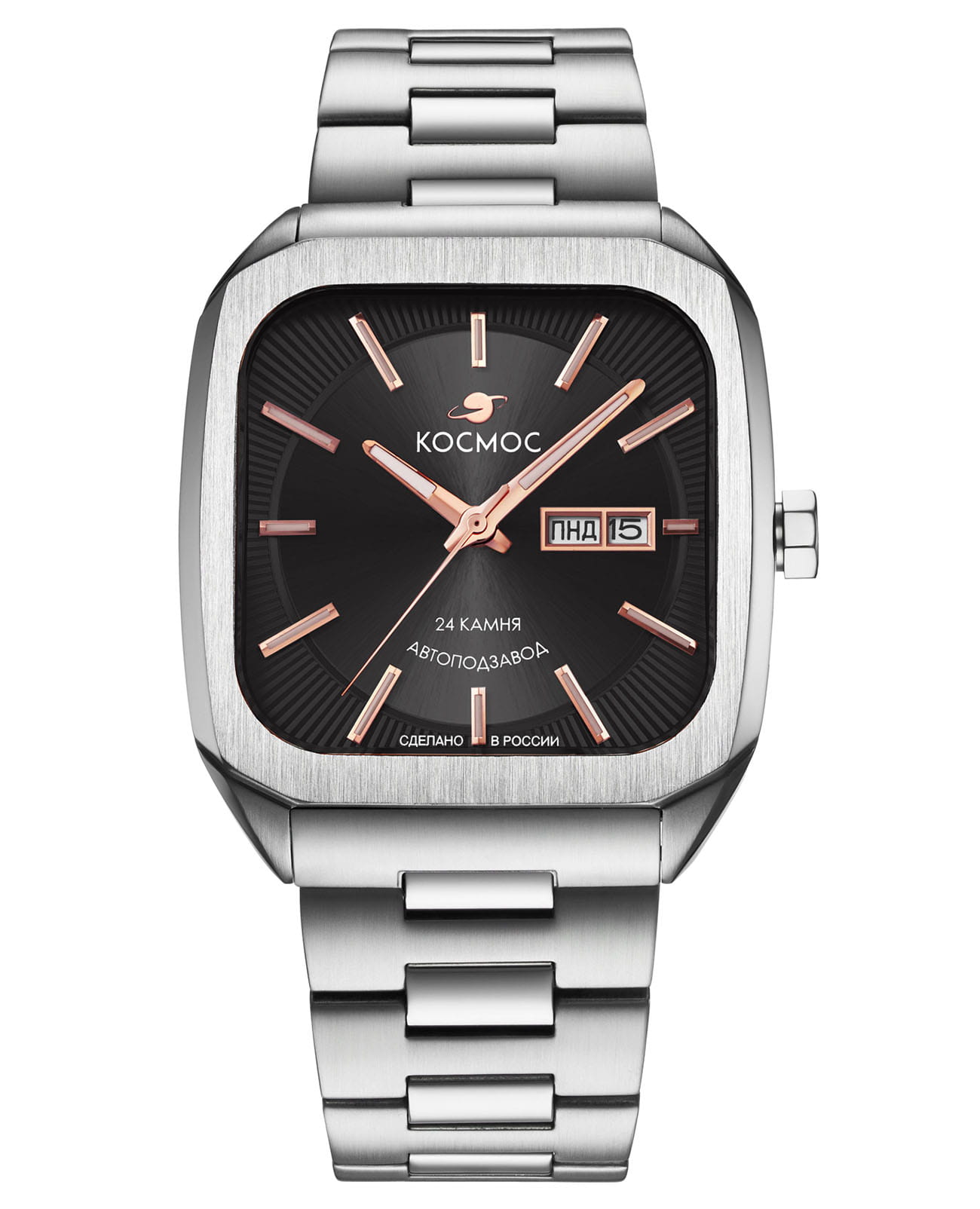 Космос Космос Марсоход K 213.10.35  K 213.10.35 механические мужские часы черный циферблат, браслет нержавеющая сталь 316l — вид спереди