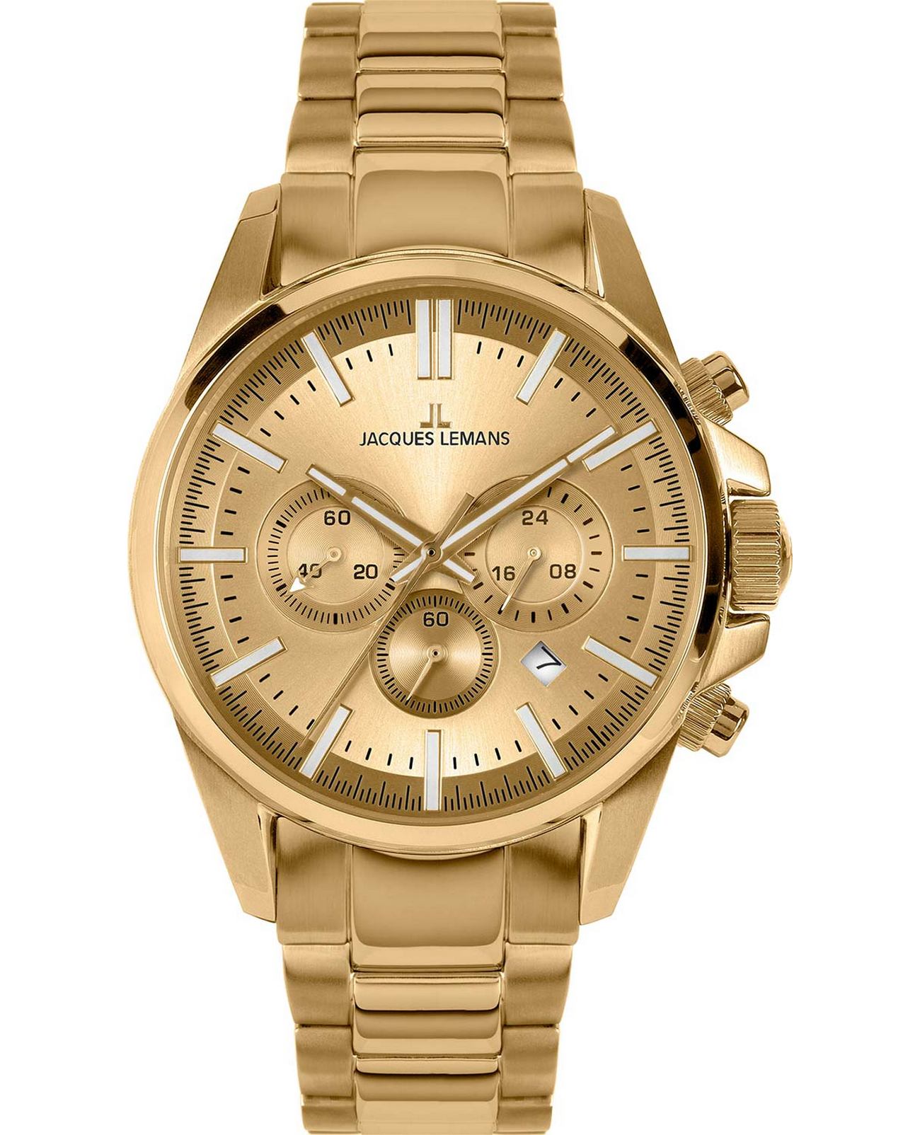 Jacques Lemans Jacques Lemans Sport 1-2119i  1-2119i кварцевые мужские часы золотой циферблат, браслет сталь c pvd покрытием — вид спереди