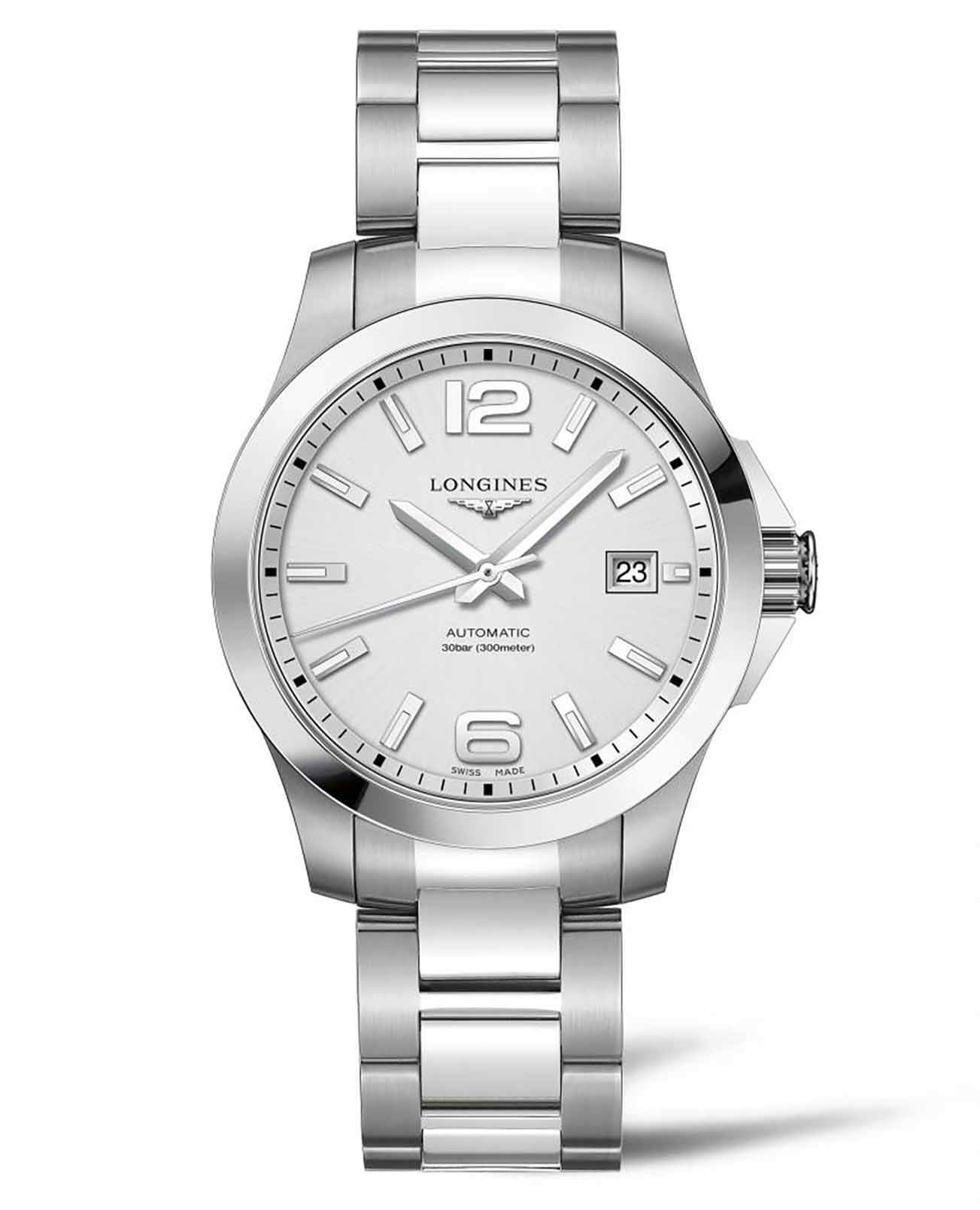 Longines Longines Conquest L3.776.4.76.6  L37764766 механические мужские часы серебристый циферблат, браслет нержавеющая сталь — вид спереди