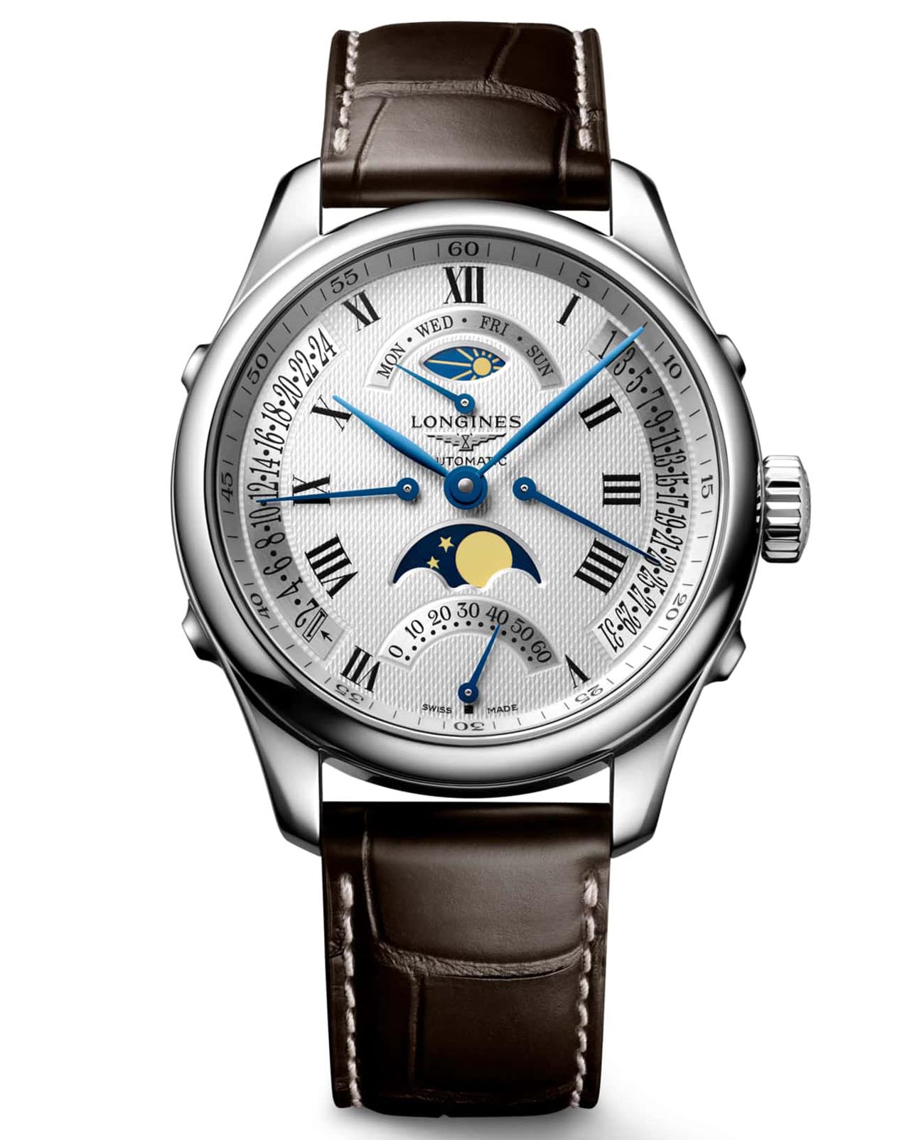 Longines Longines Master Collection L2.738.4.71.3  L27384713 механические мужские часы белый циферблат, браслет кожаный — вид спереди