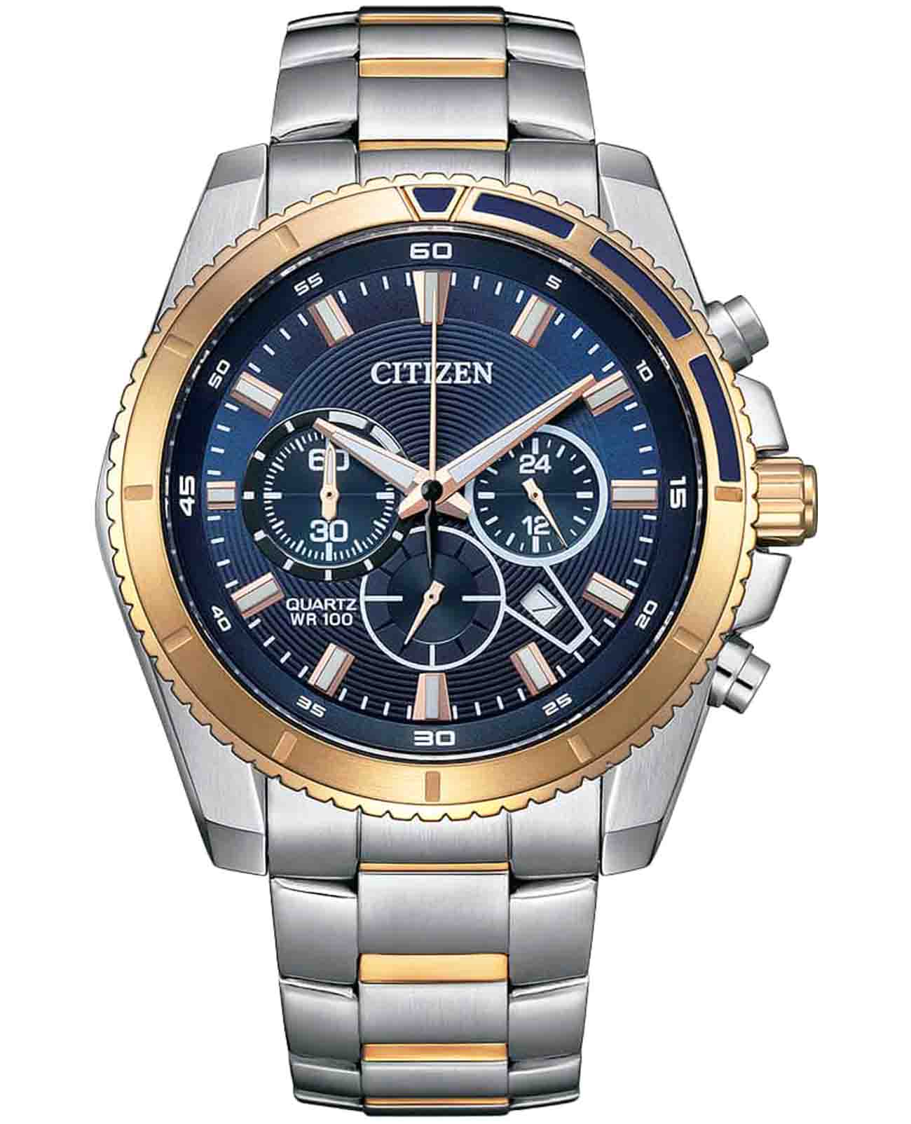 Citizen Citizen Chronograph AN8206-53L  AN8206-53L кварцевые мужские часы синий циферблат, браслет нержавеющая сталь с ip-покрытием — вид спереди