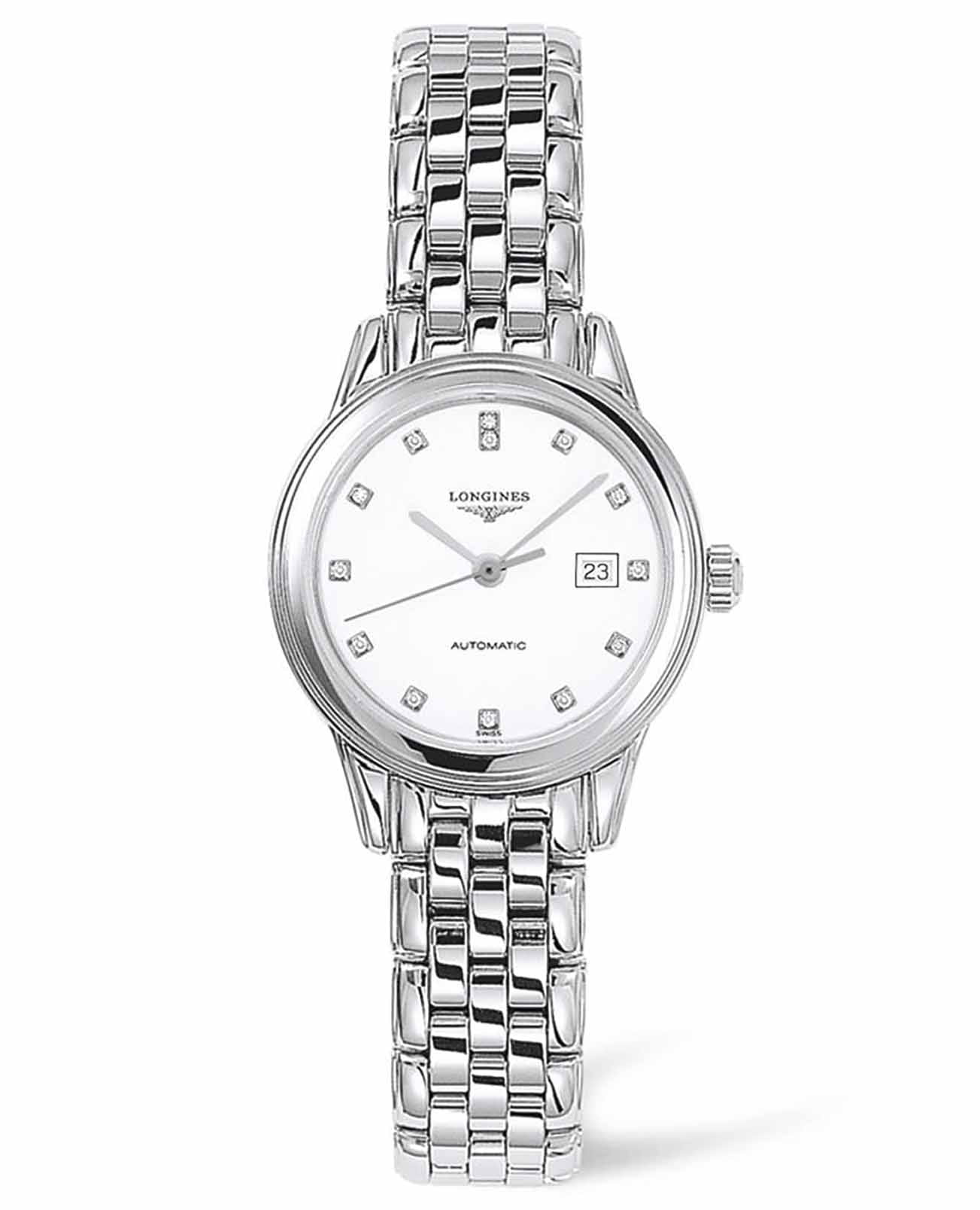 Longines Longines Flagship L4.374.4.27.6  L43744276 механические женские часы белый циферблат, браслет нержавеющая сталь — вид спереди