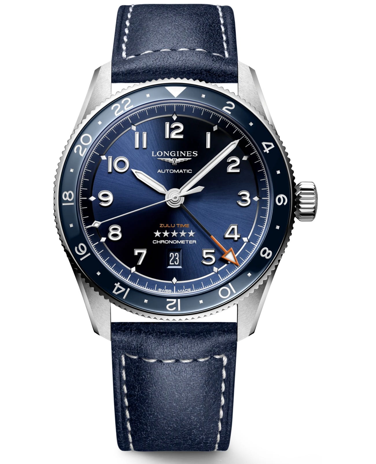 Longines Longines Spirit L3.812.4.93.2  L38124932 механические мужские часы синий циферблат, браслет кожаный — вид спереди