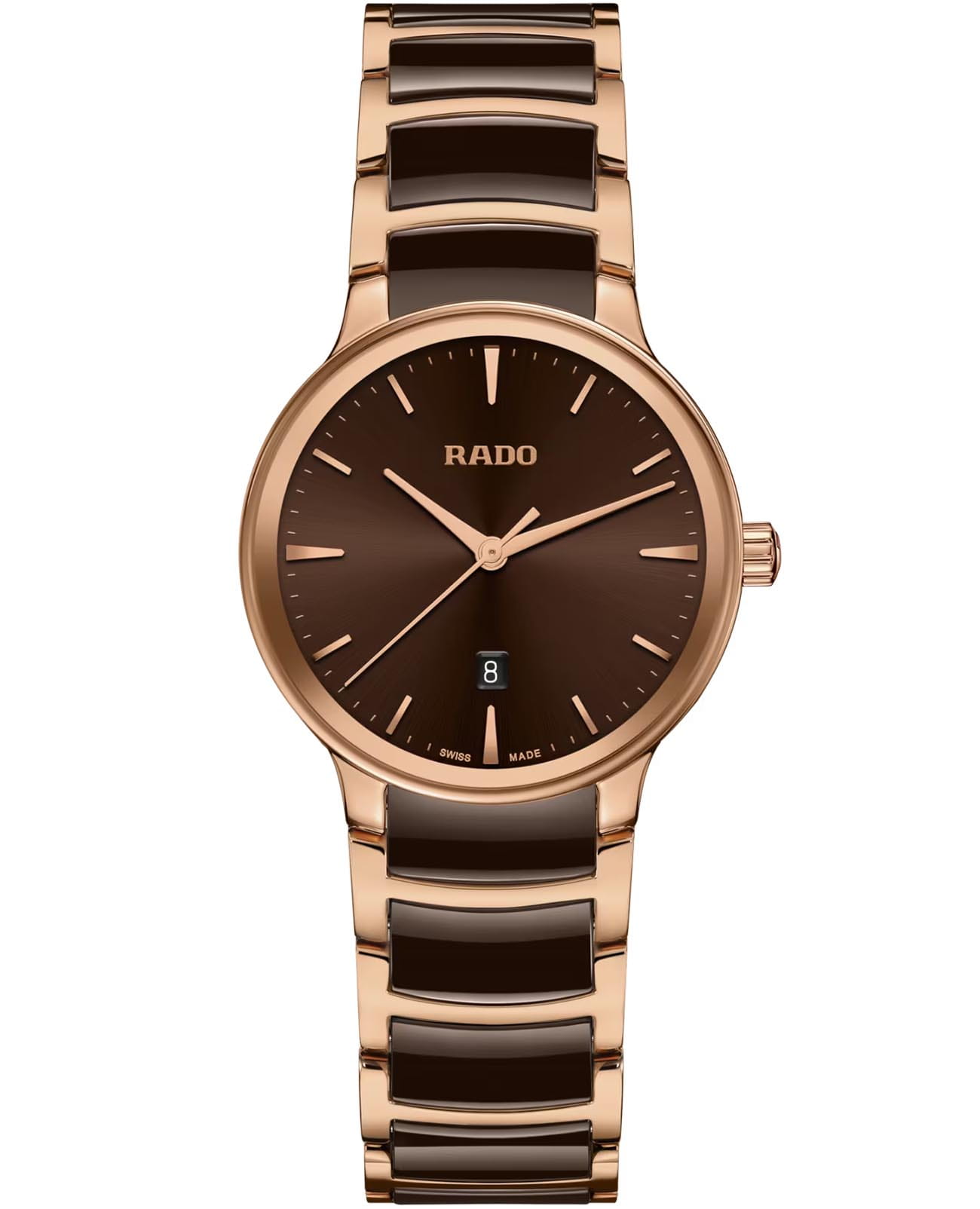 Rado Rado Centrix R30024302  R30024302 кварцевые женские часы коричневый циферблат, браслет высокотехнологичная керамика + нержавеющая сталь с pvd покрытием — вид спереди