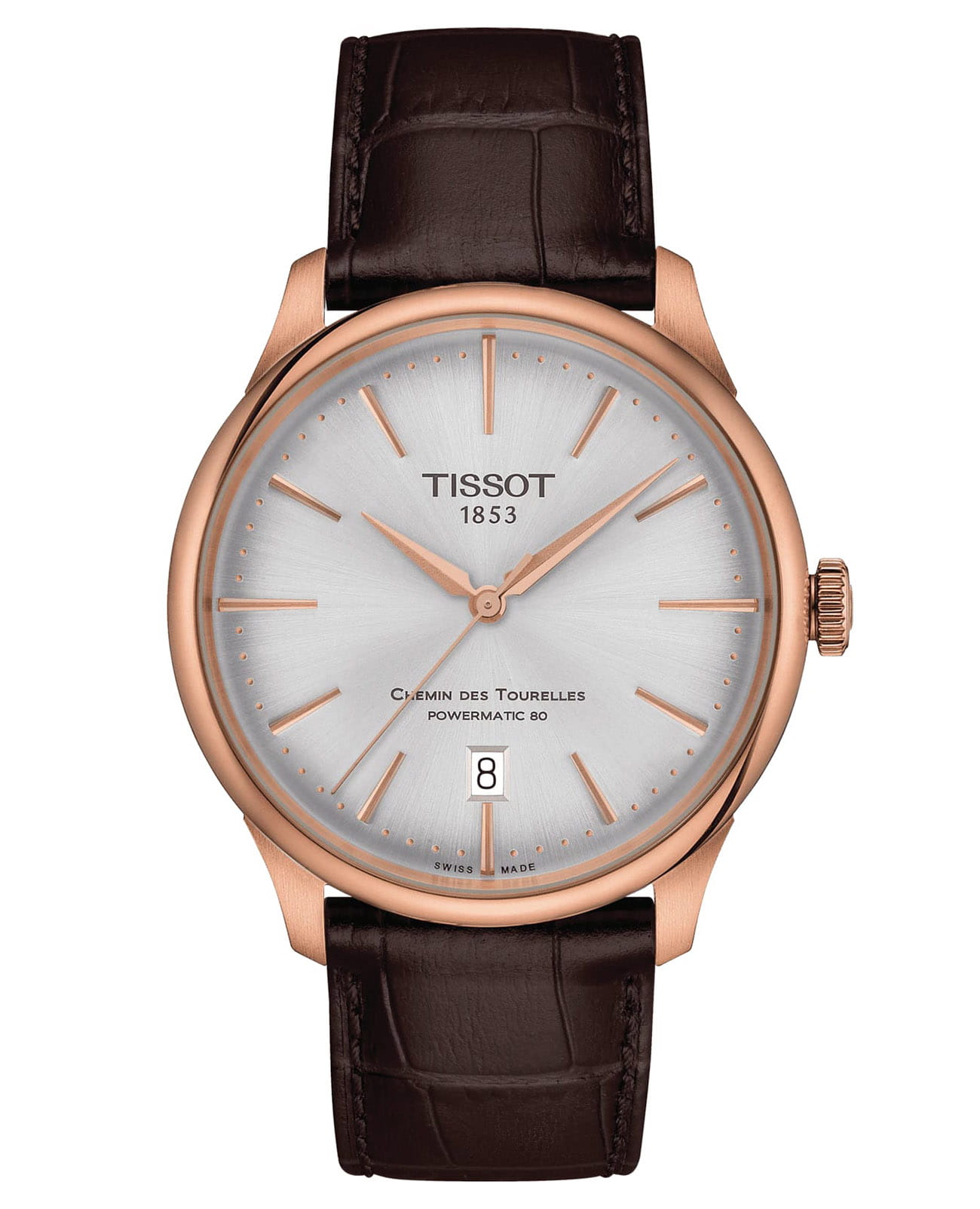 Tissot Tissot Chemin des Tourelles Powermatic 80 T139.807.36.031.00 Chemin des Tourelles T1398073603100 механические мужские часы серебристый циферблат, браслет кожаный — вид спереди
