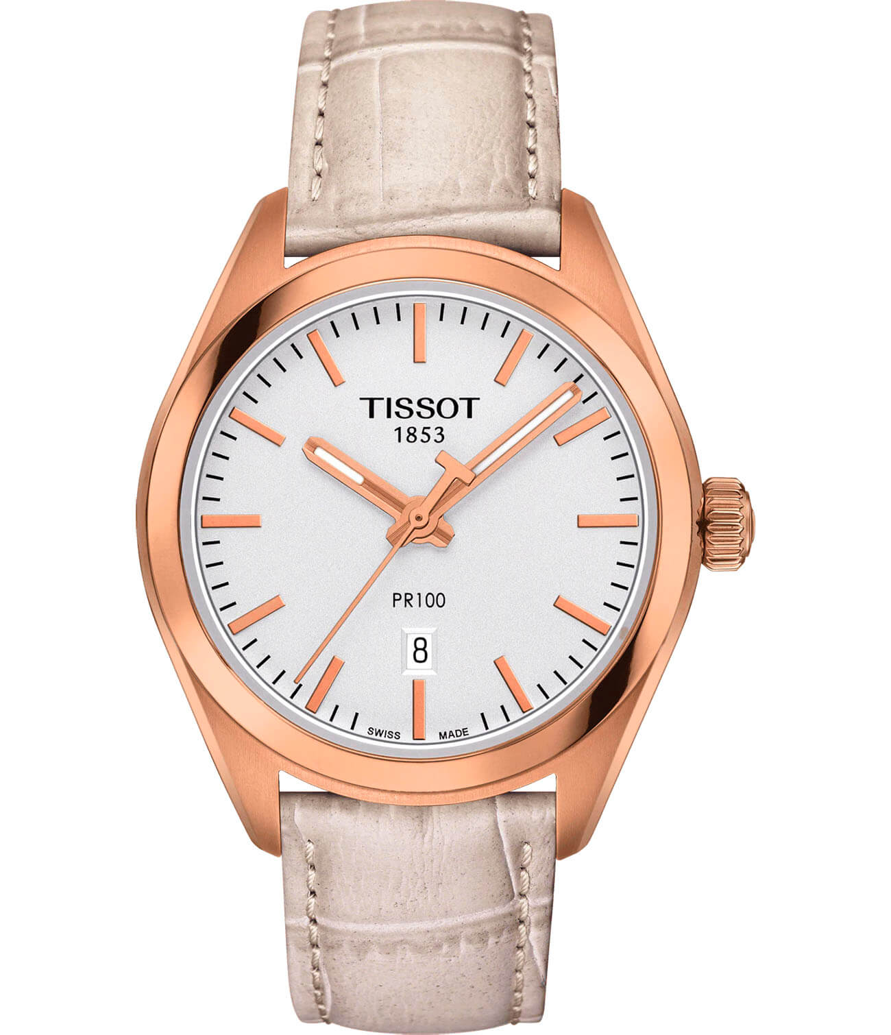 Tissot Tissot PR 100 Lady T101.210.36.031.00 PR 100 T1012103603100 кварцевые женские часы белый циферблат, браслет кожаный — вид спереди
