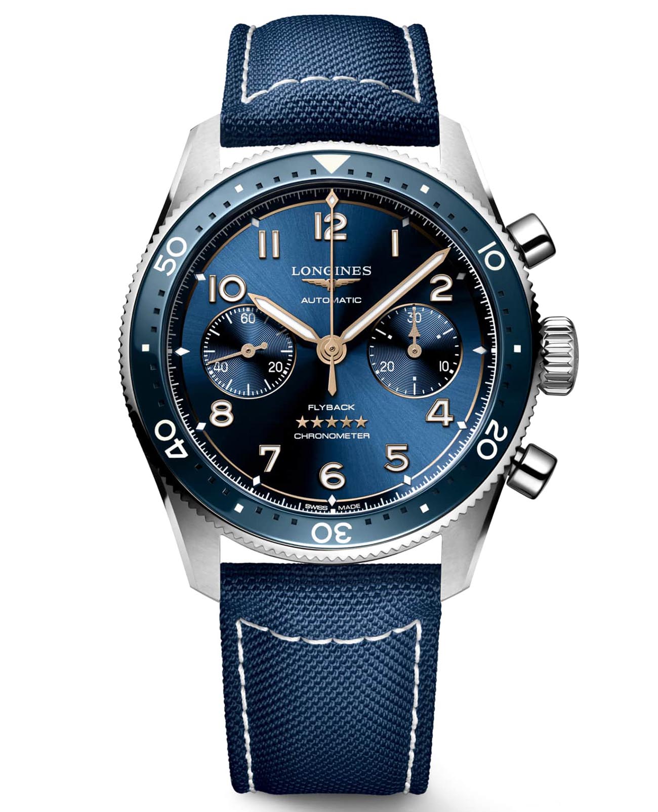 Longines Longines Spirit L3.821.4.93.2  L38214932 механические мужские часы синий циферблат, браслет тканевый — вид спереди